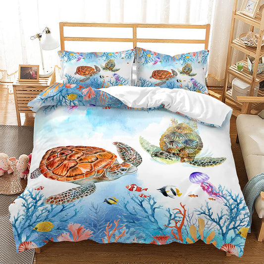 CVHOUSE Sea Turtle Duvet Cover Queen Size,Ocean Watercolor Bedding Set for Kids Teens,Beach Comforter Cover,1 2 Pillowcases 3 Piece Queen 89'x89'