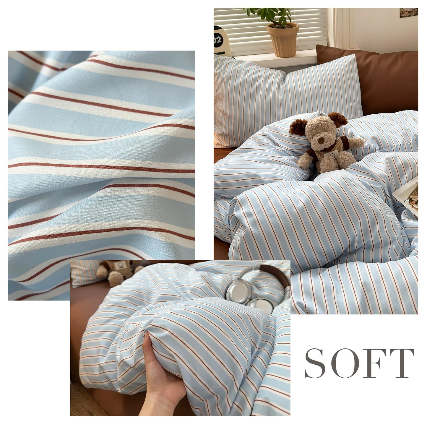VM VOUGEMARKET Blue Brown Striped Duvet Cover Set Queen Size,Casual Stripe Bedding Set for Teens,Soft Microfiber Comforter Cover for Modern Bedroom,90"x90"