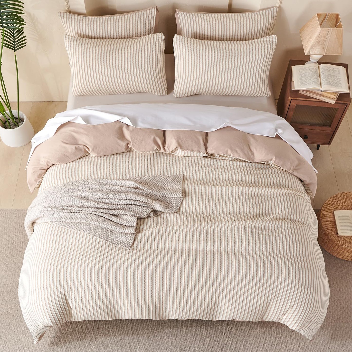 BUPIRD Queen Comforter Set Striped Beige 100% Soft Washed Microfiber Jacquard 3 Pieces Striped Bedding Sets Beige White Comforter for All Seasons and 2 Pillowcases Comfort Breathable