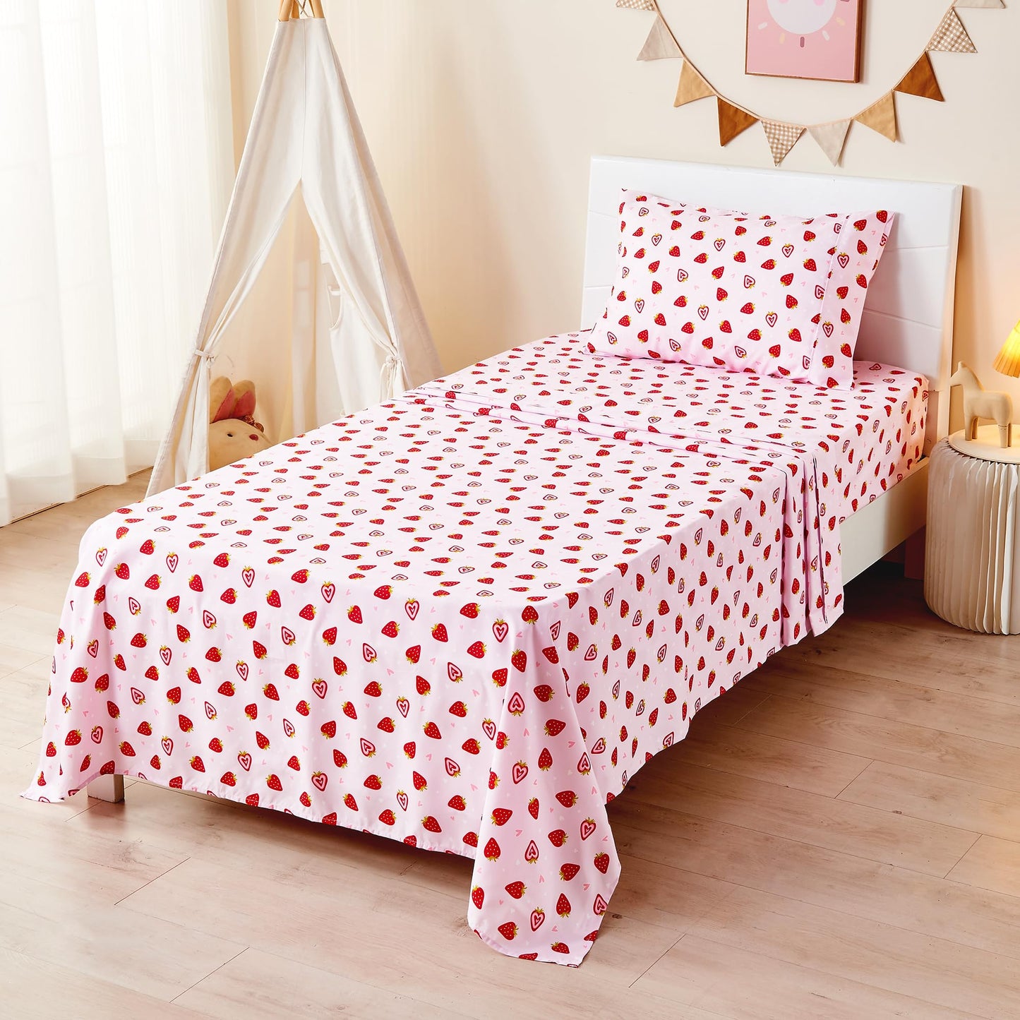 lasoftan Pink Strawberry Printed Kids Sheet Set Twin Size, 3 Pcs Breathable & Silky Soft Microfiber Kids Fitted Sheet, Bed Sheets with 15" Deep Pocket for Boys and Girls