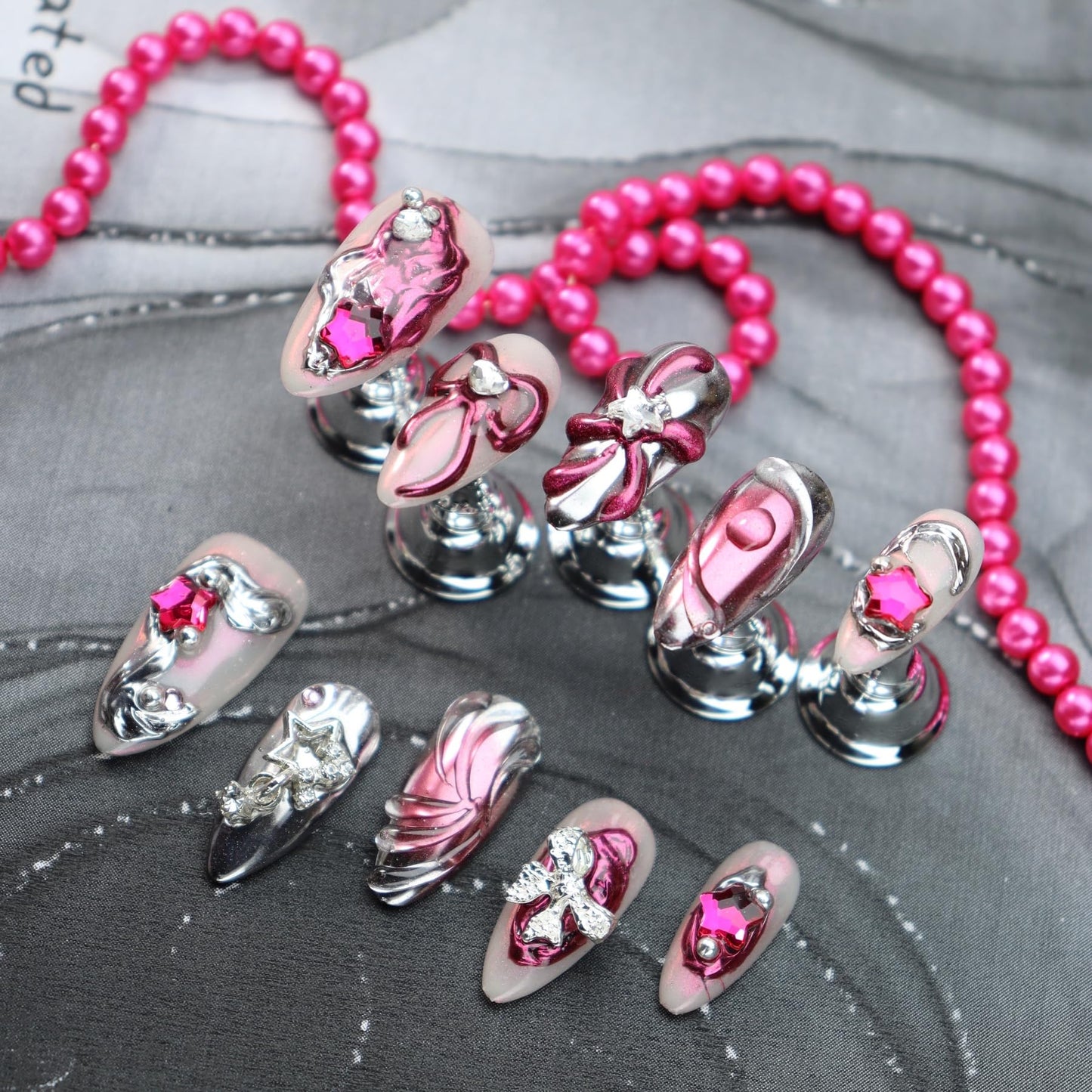 Silver Chrome Press on Nails Bow Fake Nails Star Glue on Nails Pure Hand-Painted Nail Liquid State with Design Pink Ombre Stick on Nail Medium Almond False Nail for Women Girls Exquisite Manicure (L)