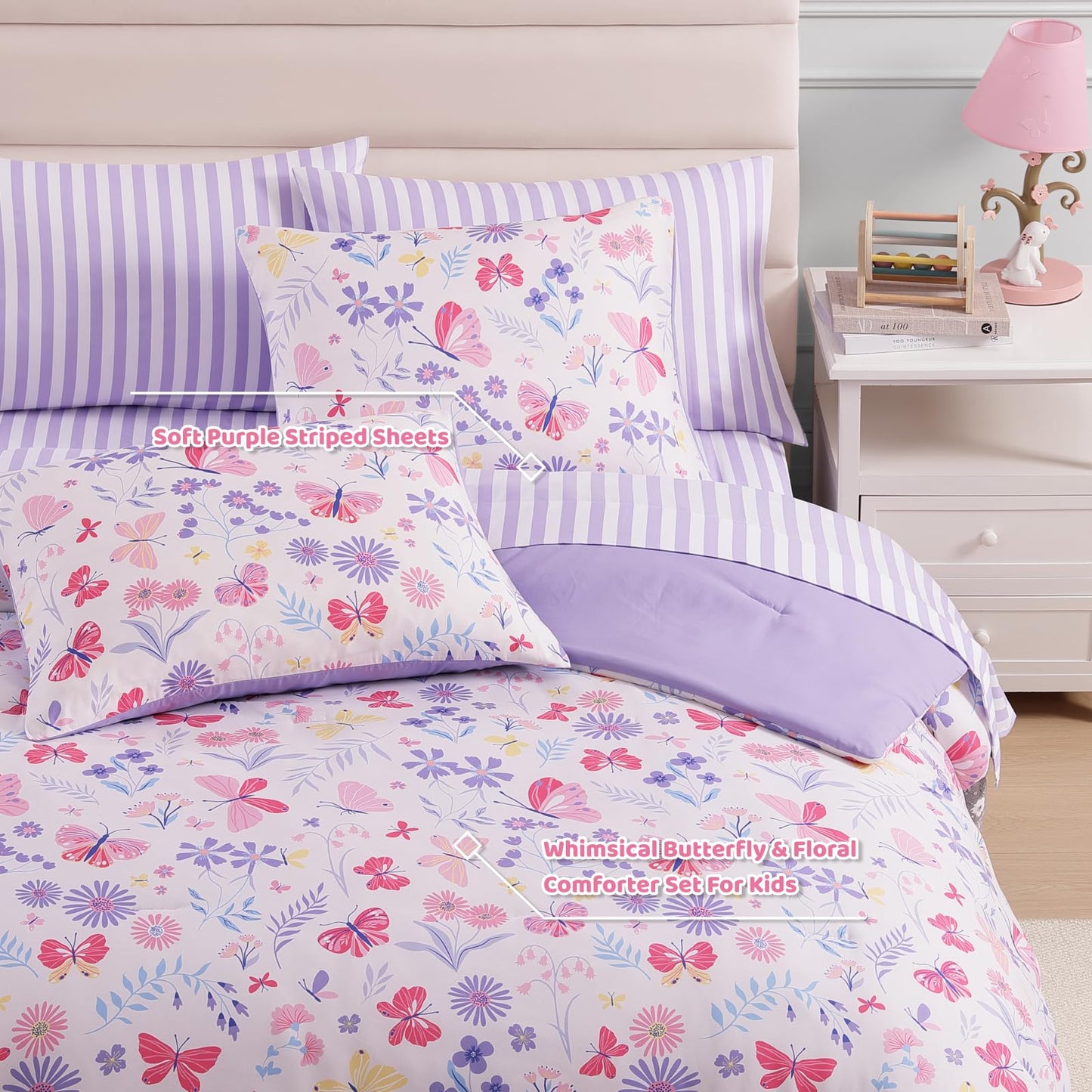 Wink Deer Twin Comforter Set with Sheets for Girls-5 Pieces Twin Bedding Sets with Pink Comforter, Sheets, Pillowcase & Sham for Kids (Cute Botanical Flowers, 66" X 86")