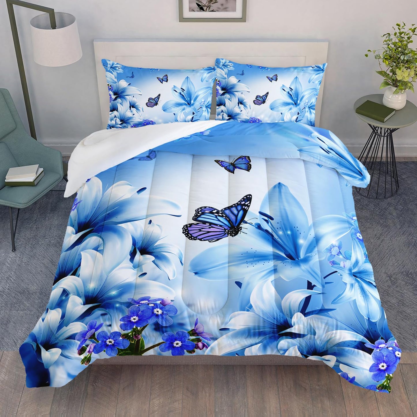 AILONEN Butterfly Girls Comforter Set Queen Size, Blue Lily Flowers Bedding Set for Kids Teen,Animals Botanical Floral Duvet Set 3 Pieces,1 Quilt and 2 Pillowcases