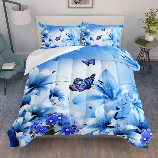 AILONEN Butterfly Girls Comforter Set Queen Size, Blue Lily Flowers Bedding Set for Kids Teen,Animals Botanical Floral Duvet Set 3 Pieces,1 Quilt and 2 Pillowcases