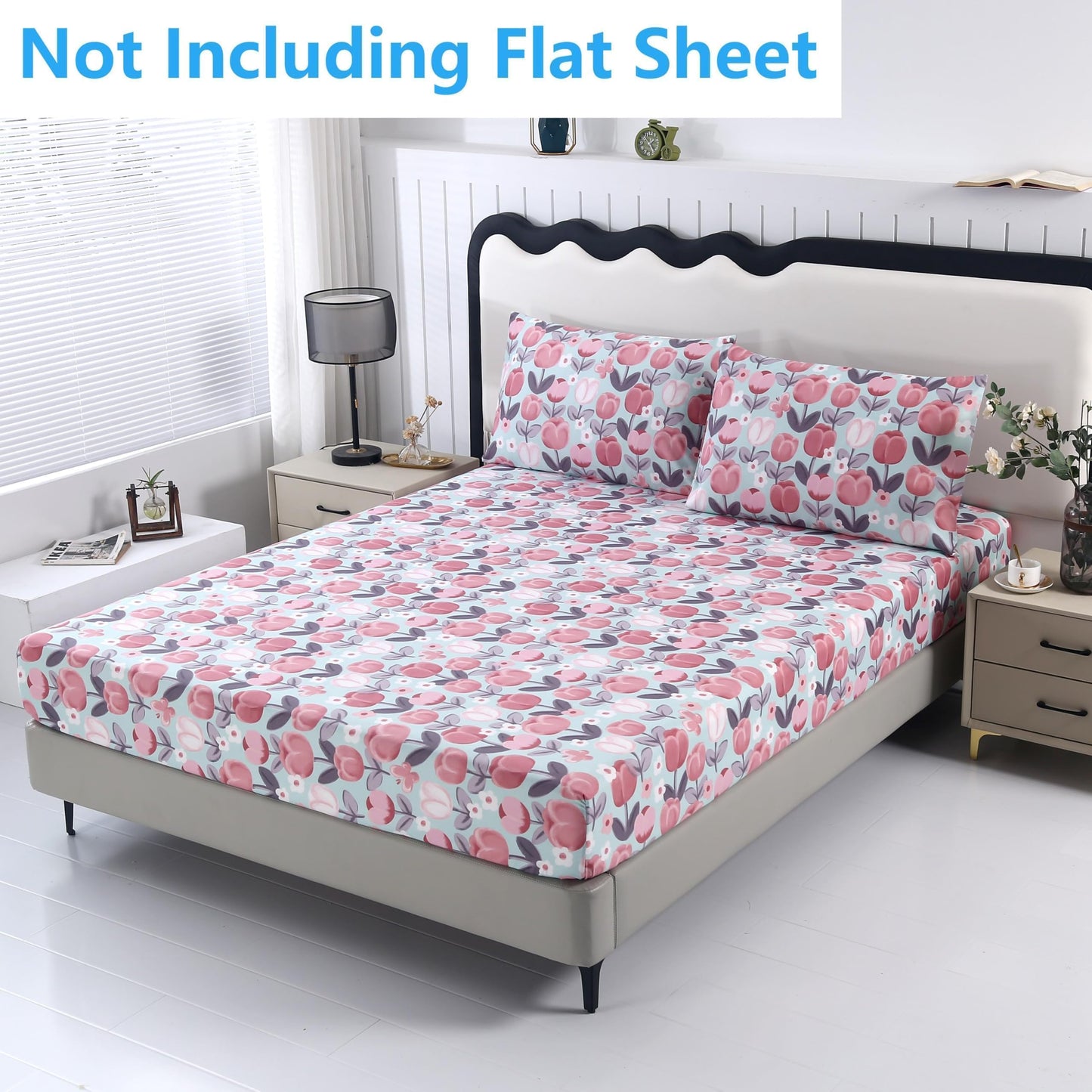 SDIII Pink Floral Full Fitted Sheet with 2 Pillowcases, Deep Pocket Soft Microfiber Romantic Blush Pink Floral Sheet Full All Season