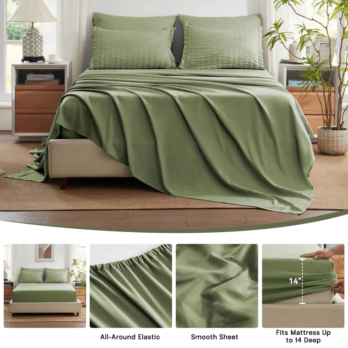 Zzlpp Queen Comforter Set 7 Pieces, Olive Green Seersucker Bed in a Bag with Comforter and Sheets, All Season Bedding Sets with 1 Comforter, 2 Pillow Shams, 2 Pillowcases, 1 Flat Sheet