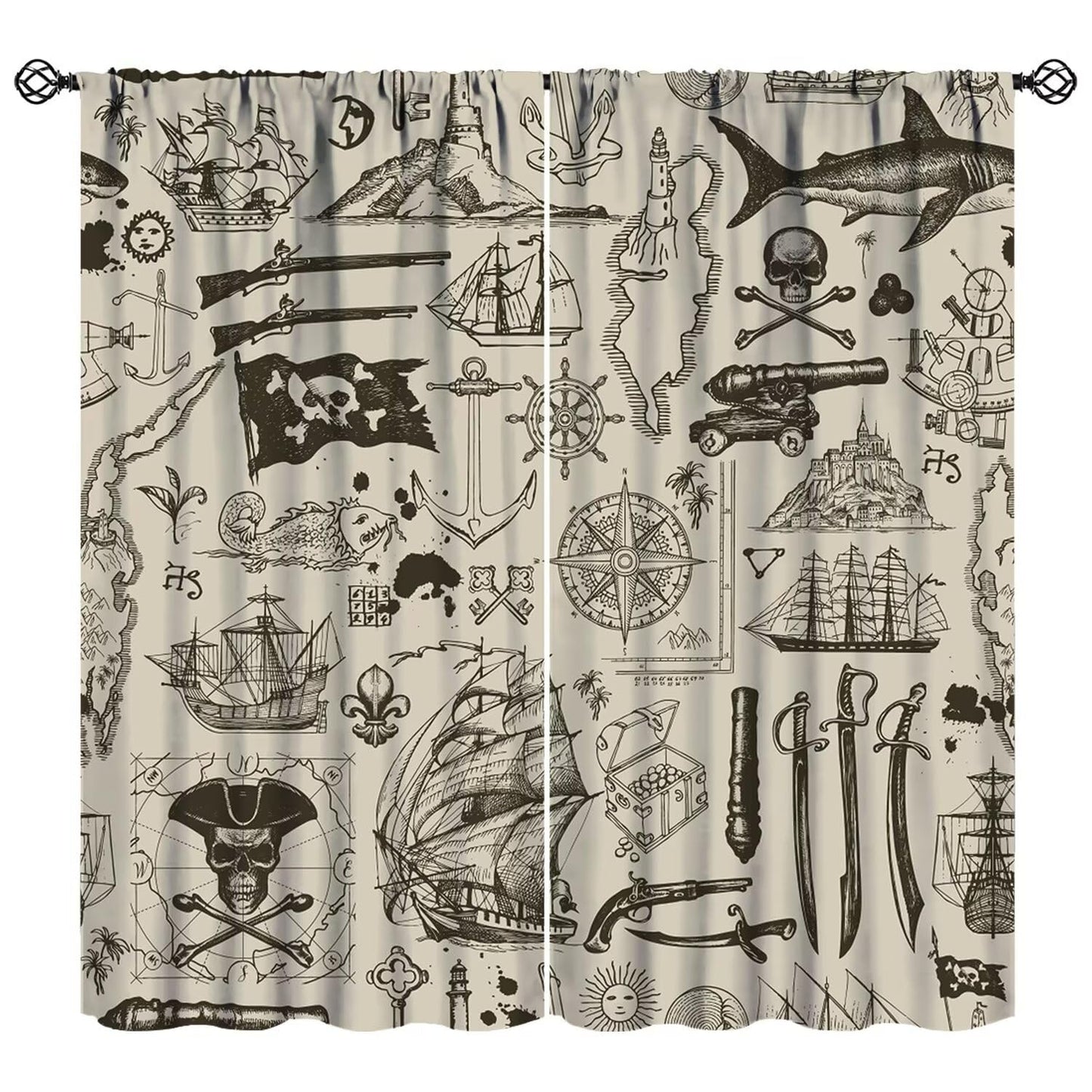 XBDDZSW Nautical Sailboat Map Curtains Sketch Pirate Ship Wheel Compass Starfish Coral Reef Nautical Map Pattern Print Window Drapes for Bedroom Living Room Kitchen Decor,2 Panel Set,42x45 Inch Decor