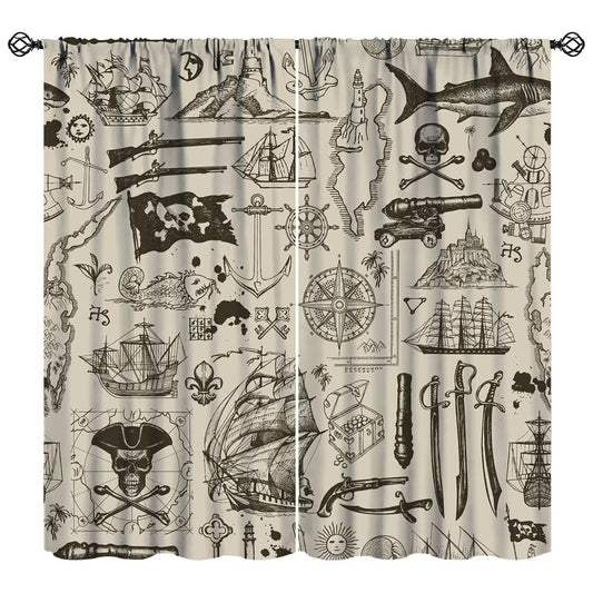 XBDDZSW Nautical Sailboat Map Curtains Sketch Pirate Ship Wheel Compass Starfish Coral Reef Nautical Map Pattern Print Window Drapes for Bedroom Living Room Kitchen Decor,2 Panel Set,42x45 Inch Decor