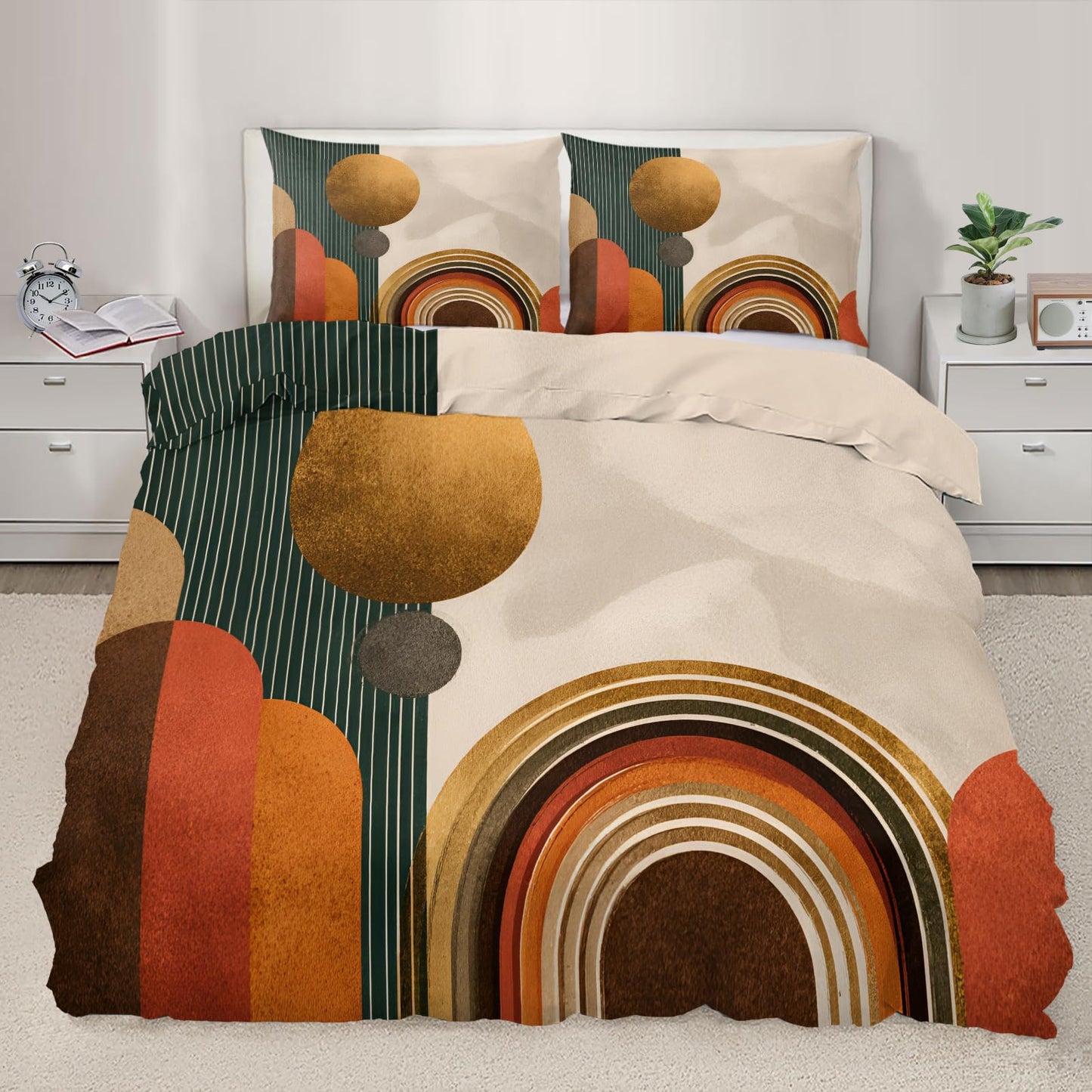 ZAOMIR Mid Century Modern Duvet Cover Queen Size, Boho Abstract Geometric Line Bedding Set 3 Piece, Sun Boho Geometric Patterned Comforter Cover with Zipper Soft Microfiber, 2 Pillowcases