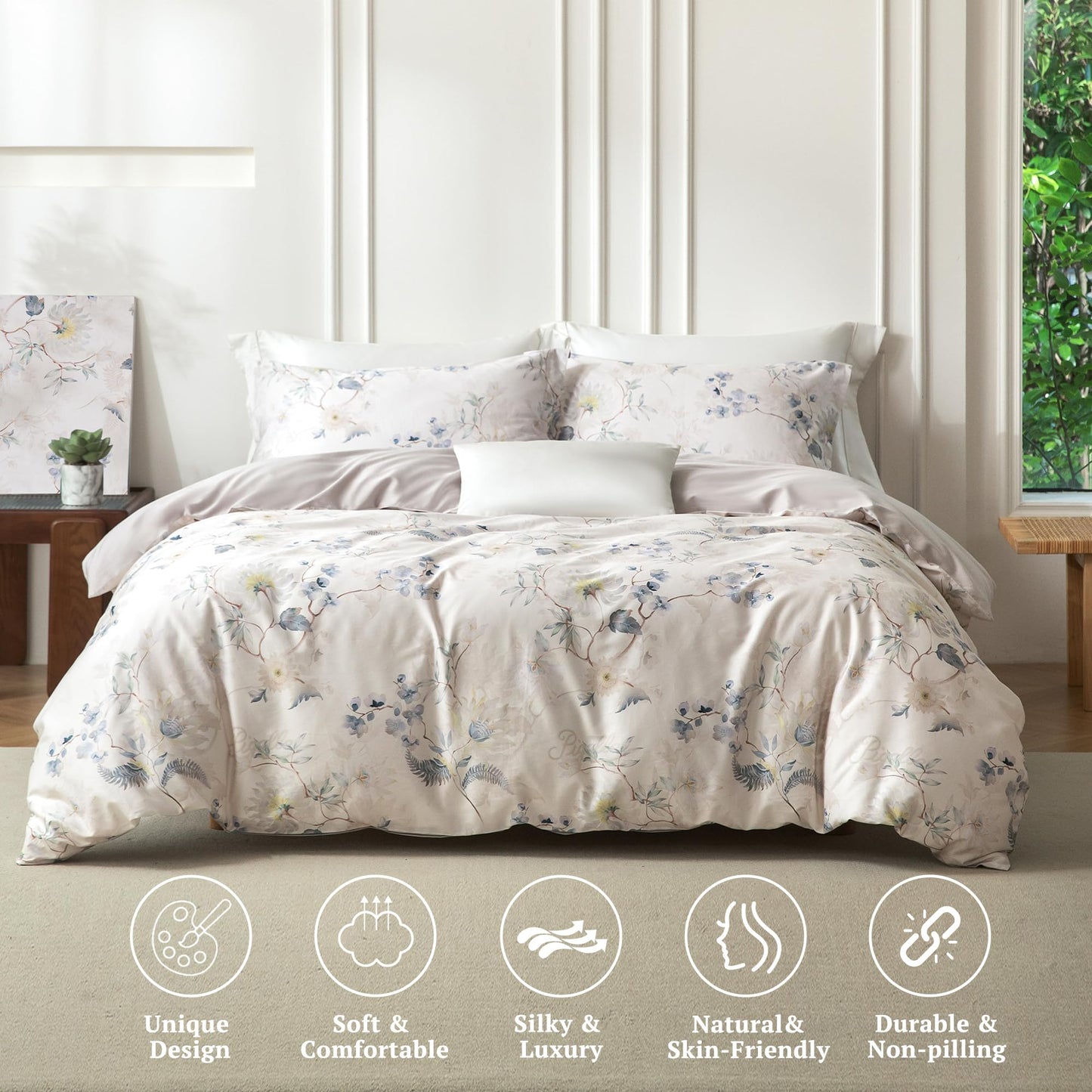 MILDLY Queen Duvet Cover Set - 100% Long-Staple Cotton Elegant Floral Patten Reversible Comforter Cover - 3Pcs Soft Breathable Luxury Bedding for All Season