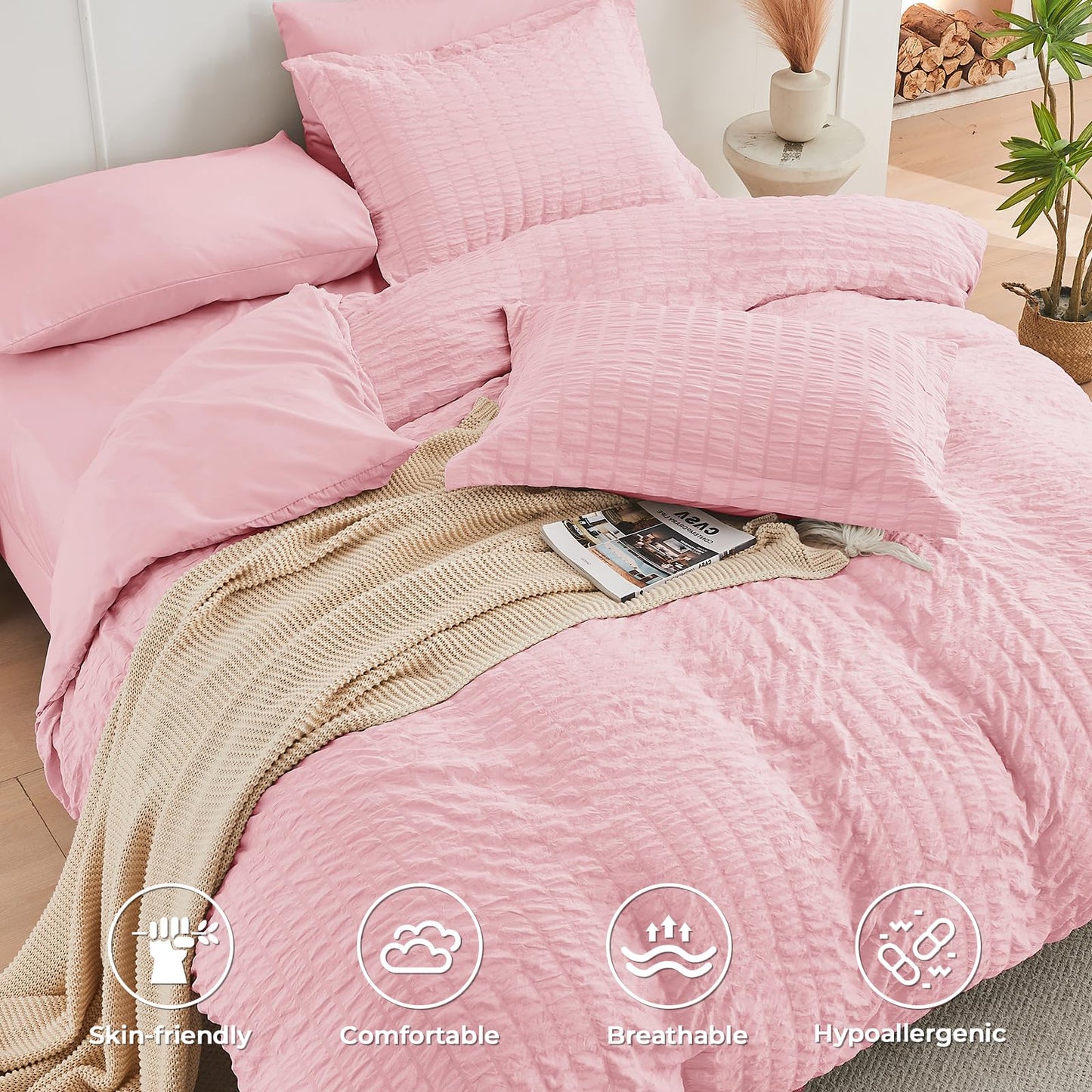HYMOKEGE Pink Oversized Queen Comforter Set Seersucker 7 Pieces, All Season Luxury Bed in a Bag for Bedroom, Bedding Set with Comforter, Sheets, Pillowcases & Shams