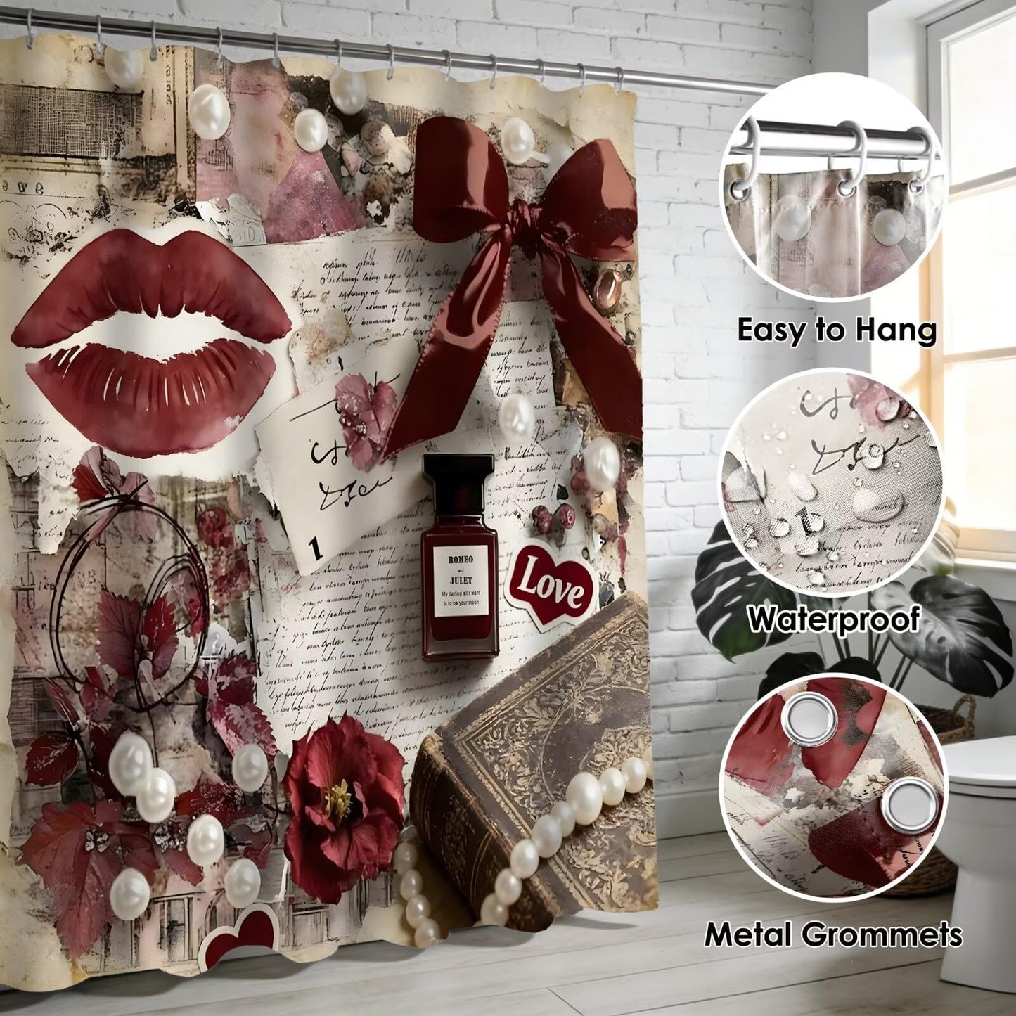 DDQQ 4Pcs Sexy Lip Shower Curtain Set Women Pearl Bow Bathroom Decor Set, Fashion Red Flower Perfume Bathroom Curtains Shower Set with Rugs, Girly Shower Curtain with 12 Hooks