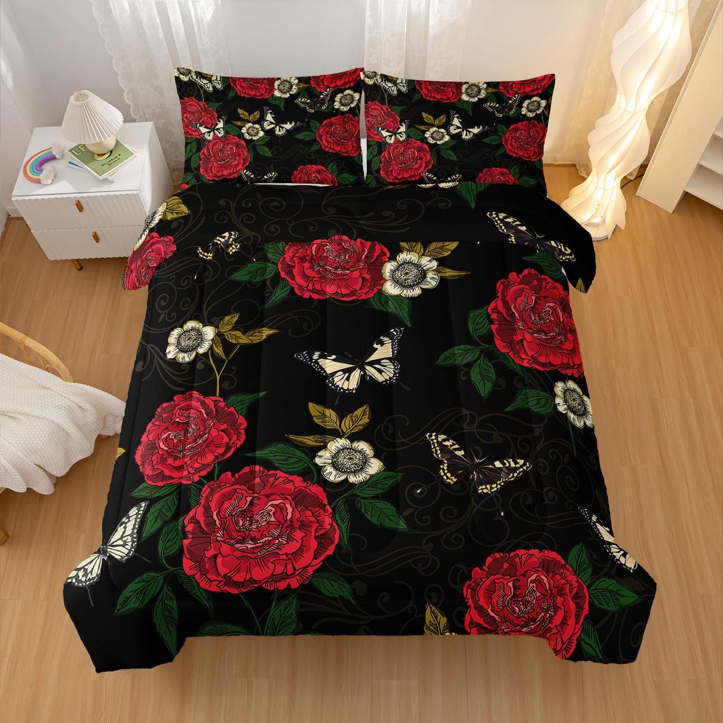 Nttopship Red Rose Comforter Set Butterfly Bedding Set Twin Size for Women Girls Bedroom Decor(1 Comforter + 2 Pillow Cases)