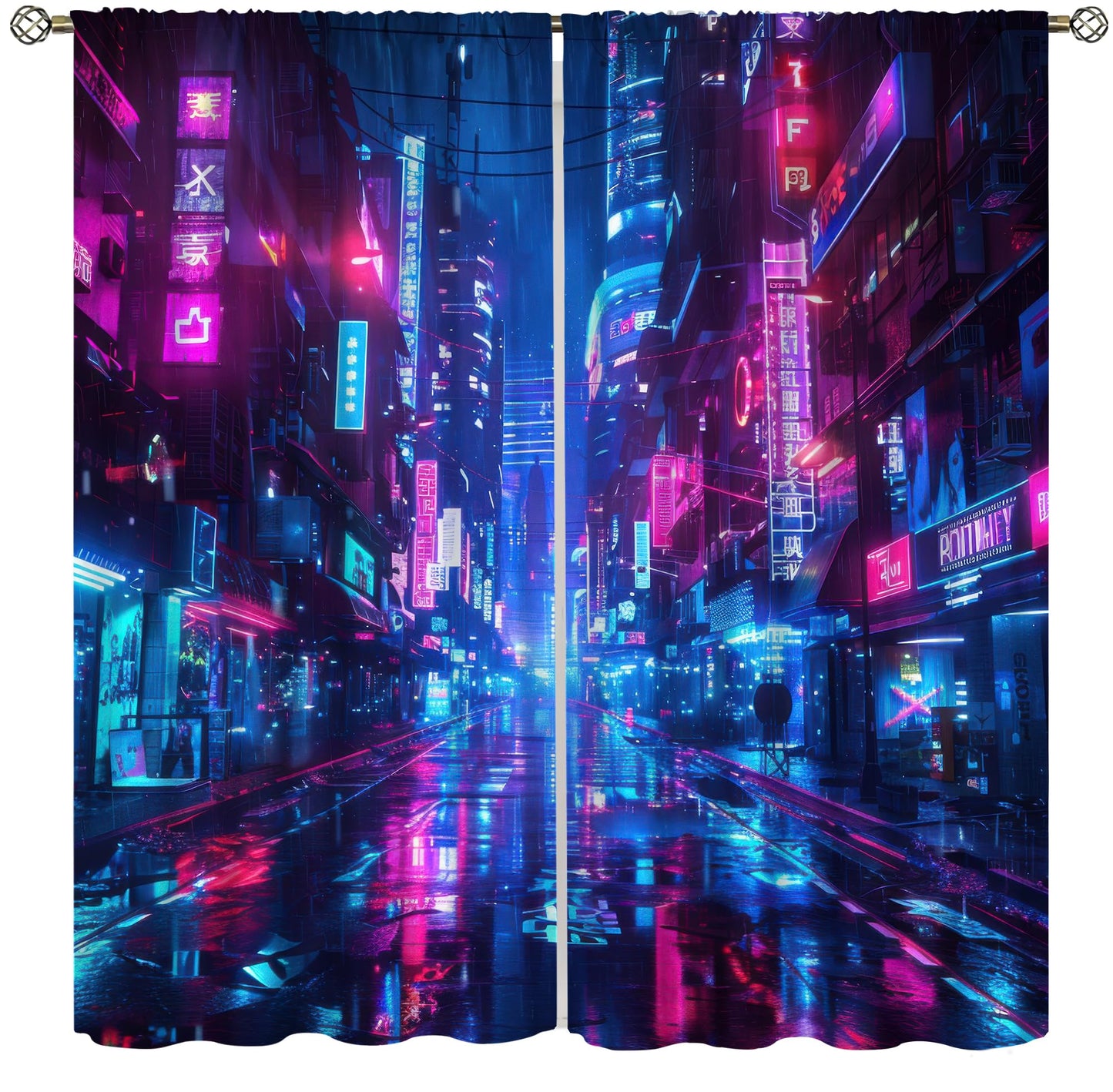 VUMIVI Cyberpunk Cityscape Curtains Neon Futuristic Urban Landscape Window Treatments for Gaming Room Sci-Fi Bedroom Tech Expo 42" W X 44.5" L