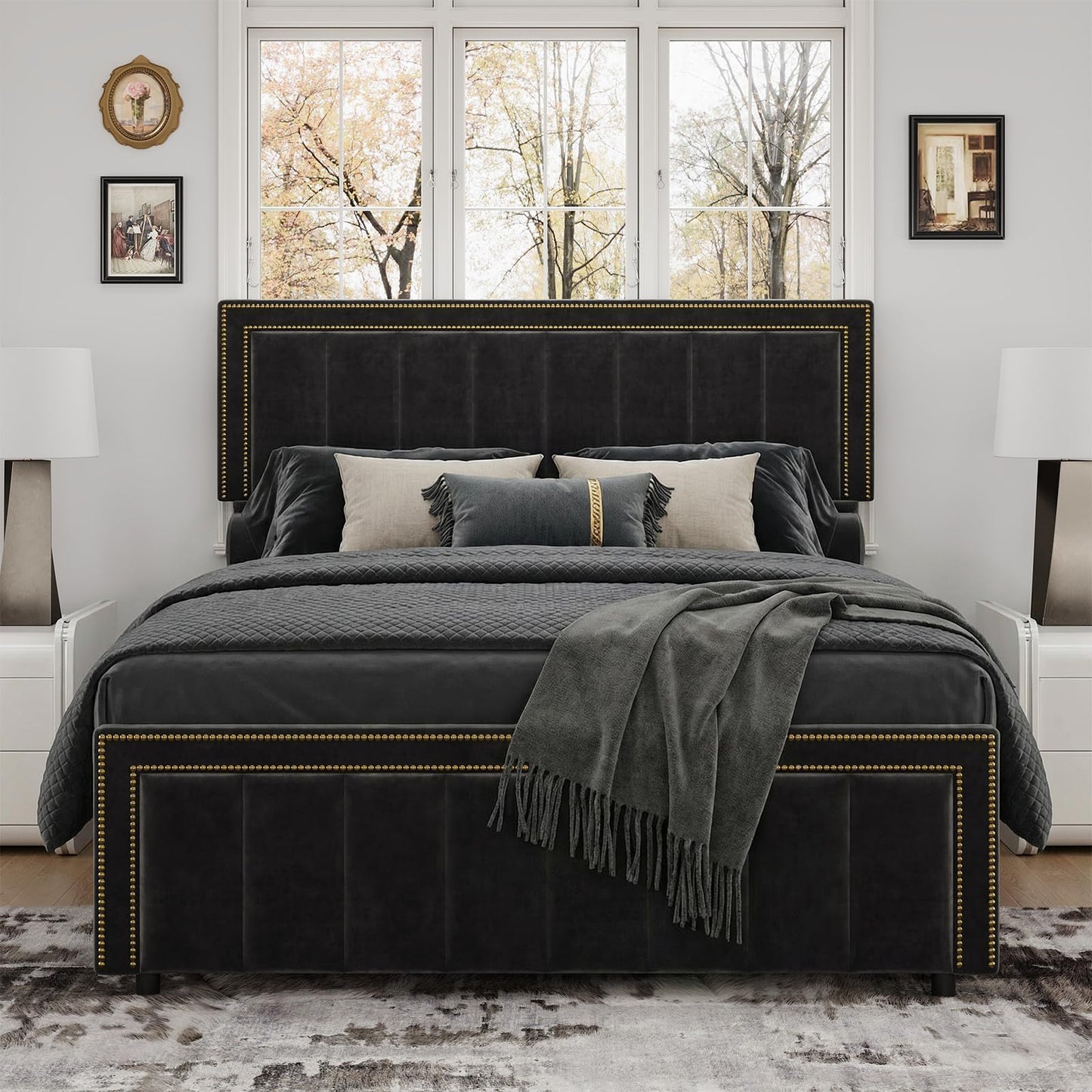 BarnFurin Full Size Bed Frame with 50" Tall Headboard and Footboard, Chenille Upholstered Platform Bed, Vertical Channel Tufting with Nailhead Trim, No Box Spring Needed, Easy Assembly, Black