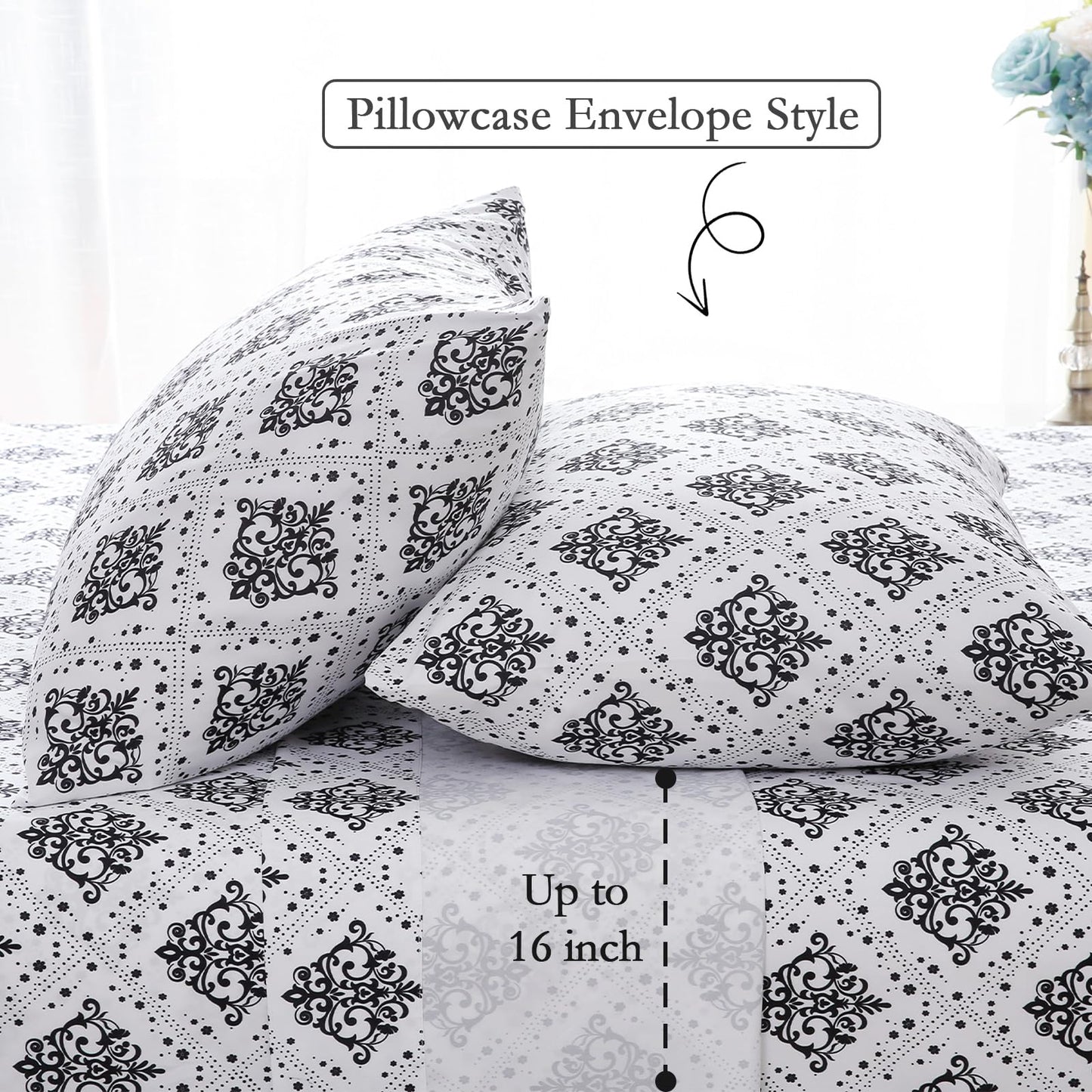 ChicView King Size Damask Printed Sheet Set,4 Pieces Boho Style Breathable Soft Microfiber Bedsheets, Anti Pilling Deep Pockets Easy Care Bed Sheets, Black