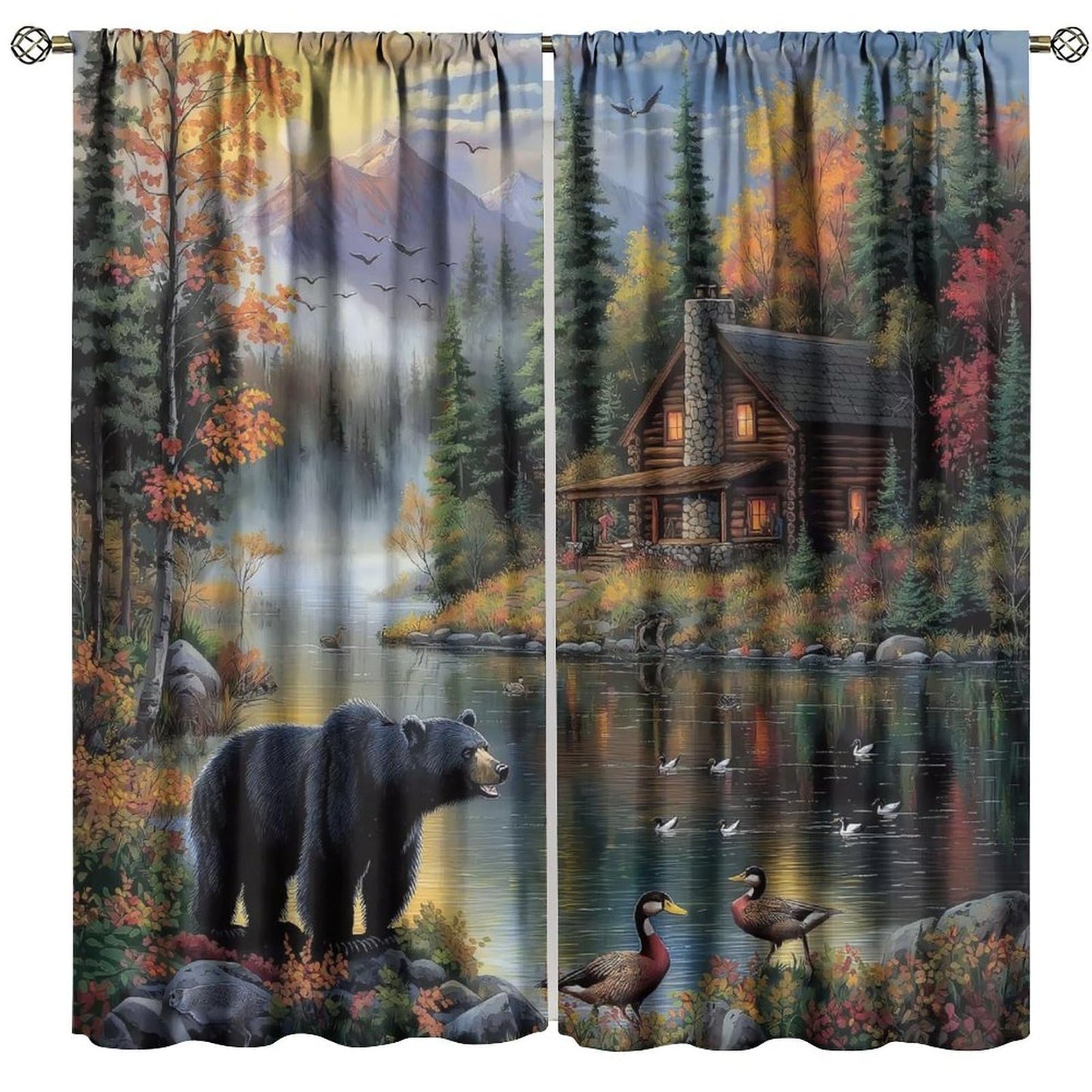 LOMADIA Rustic Bear Blackout Curtains, Retro Forest Animal Lake Wildlife Pattern Drapes, Country Cabin Farmhouse Window Treatments Curtain for Kitchen Bedroom Living Room Home Decor 42" W x 45" L