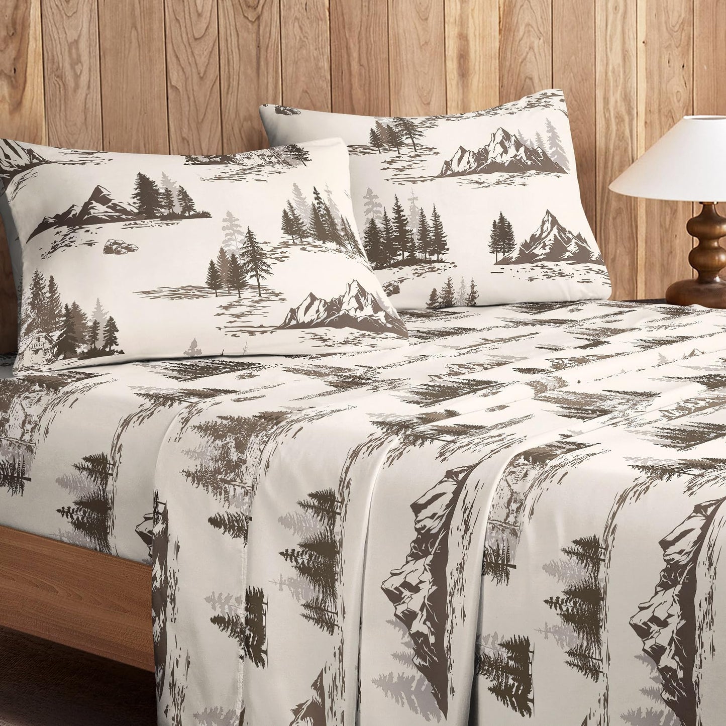 Wake In Cloud - Rustic Bed Sheets, 4-Piece Sheet Set, Cabin Forest Woodland Camping Theme with Lodge Mountain Pattern Printed Bedding, Deep Pocket, Beige Brown, Queen Size