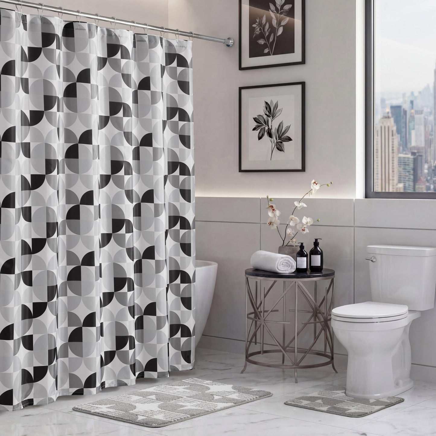 Creative Home Ideas Bale Bath Shower Set with Shower Curtain, Bath Rugs and Hooks, Black/Grey, 15 Piece Set