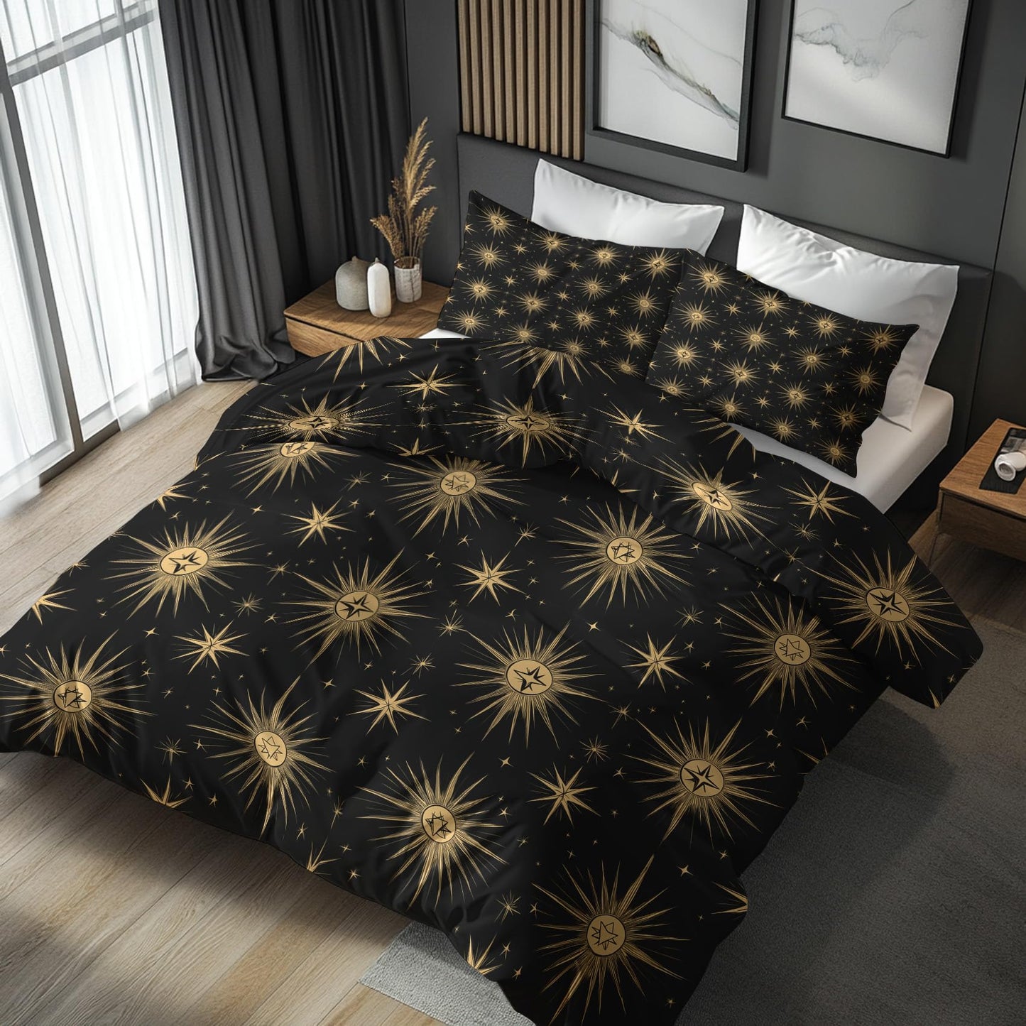 zcwl Atomic Duvet Cover Queen Size | Mid Century Modern Bedding Set | 3 Piece | Soft Microfiber Patterned Comforter Cover with Zipper Ties & 2 Pillowcases | Black Gold Retro Bedroom Decor