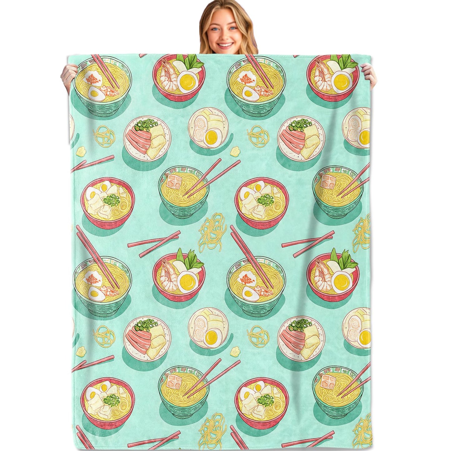MIEPOS Ramen Noodle Throw Blanket,50x60in,Soft,Lightweight Flannel,Playful Japanese Noodle Bowl Blankets - Gifts for Kids Girls,Food Lovers,for Couch Office Travel,Home Living Room Decor