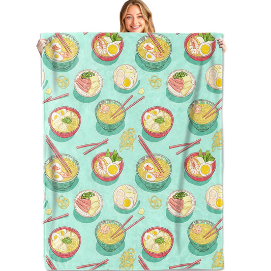 MIEPOS Ramen Noodle Throw Blanket,50x60in,Soft,Lightweight Flannel,Playful Japanese Noodle Bowl Blankets - Gifts for Kids Girls,Food Lovers,for Couch Office Travel,Home Living Room Decor