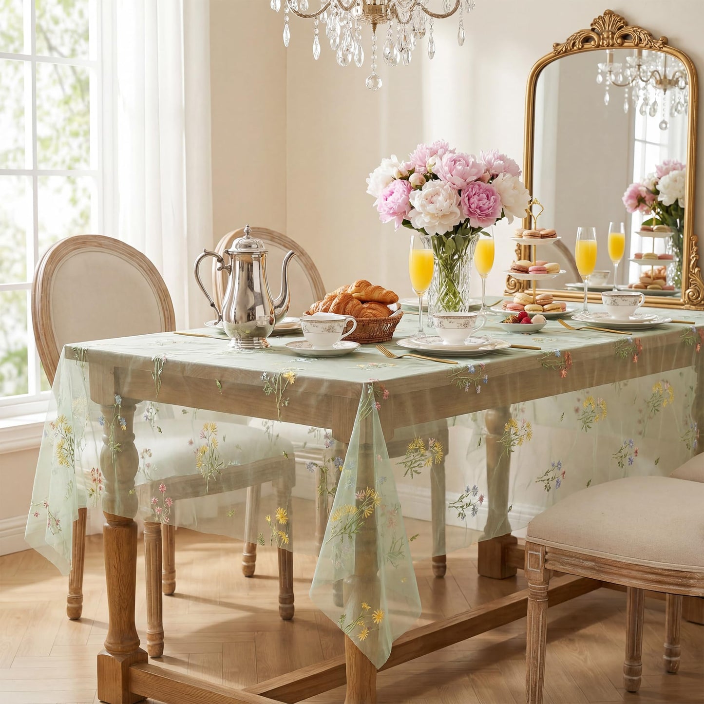 Horaldaily Embroidery Flower Plant Green Gauze Tablecloth 60×84 Inch Rectangular, Spring Summer Tulle Table Cover, Garden Party Decorations for DIY, Wedding, Party, Holiday Dining Decor
