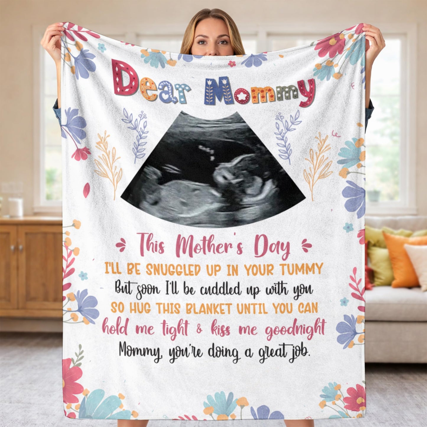 KiKiLuna Personalized Ultrasound Photo Dear Mommy Blanket, First for Expecting Mom, Flannel Throw Gift for Pregnant Women, Pregnancy Announcement Baby Bump Tummy Snuggle Quote