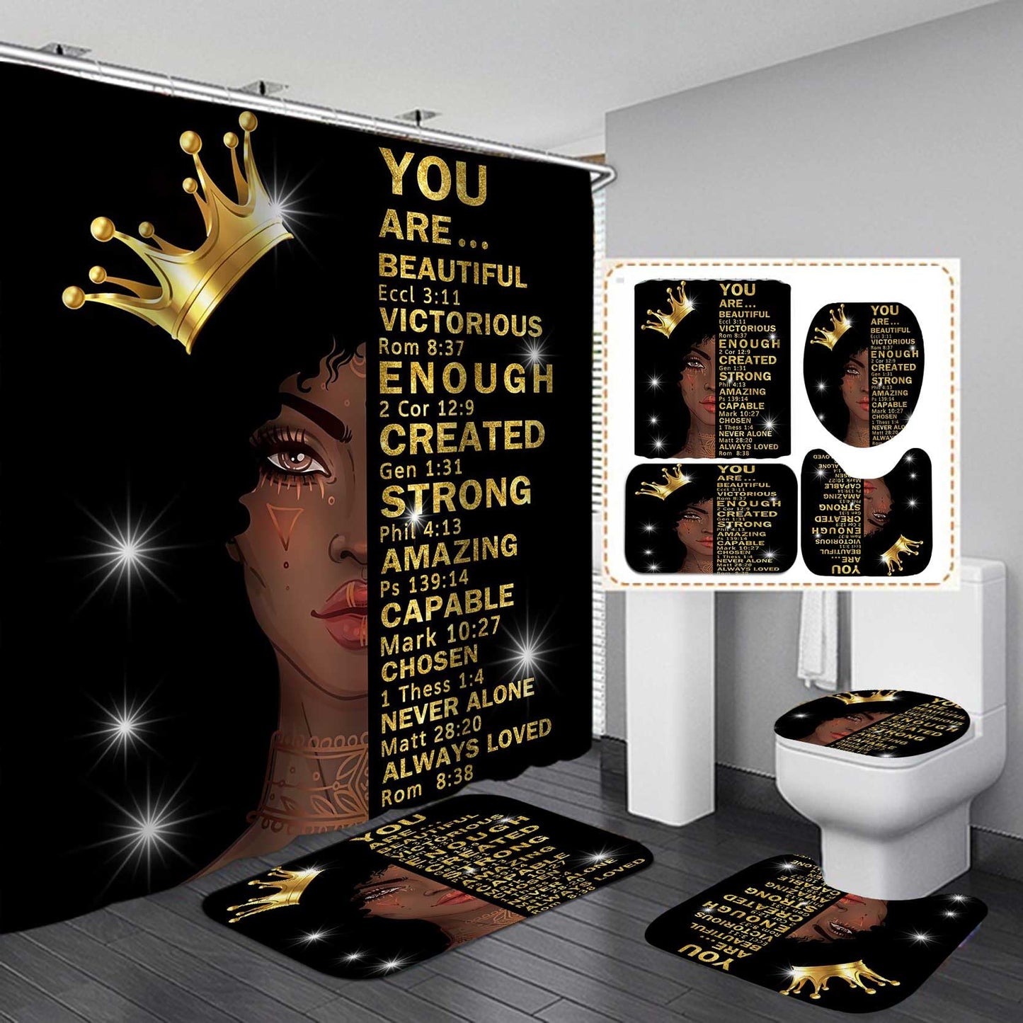 Jayden Madge 4PCS African American Woman Shower Curtain Set, Gold Crown Glitter Inspirational Quotes Ethnic Tribal Afro Girl Melanin Queen Black Women Bathroom Decor, Non-Slip Bath Mat Toilet Rug
