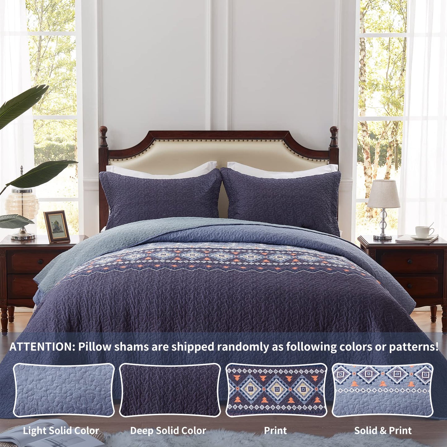 LEAONME Quilt Set King Size Bedspread 3 Piece Coverlet Lightweight Comforter Microfiber Bedding Set All Season Oversized 98x106 Inch Bed Cover Bohemian Patchwork Navy Blue(1 Quilt, 2 Pillow Shams)