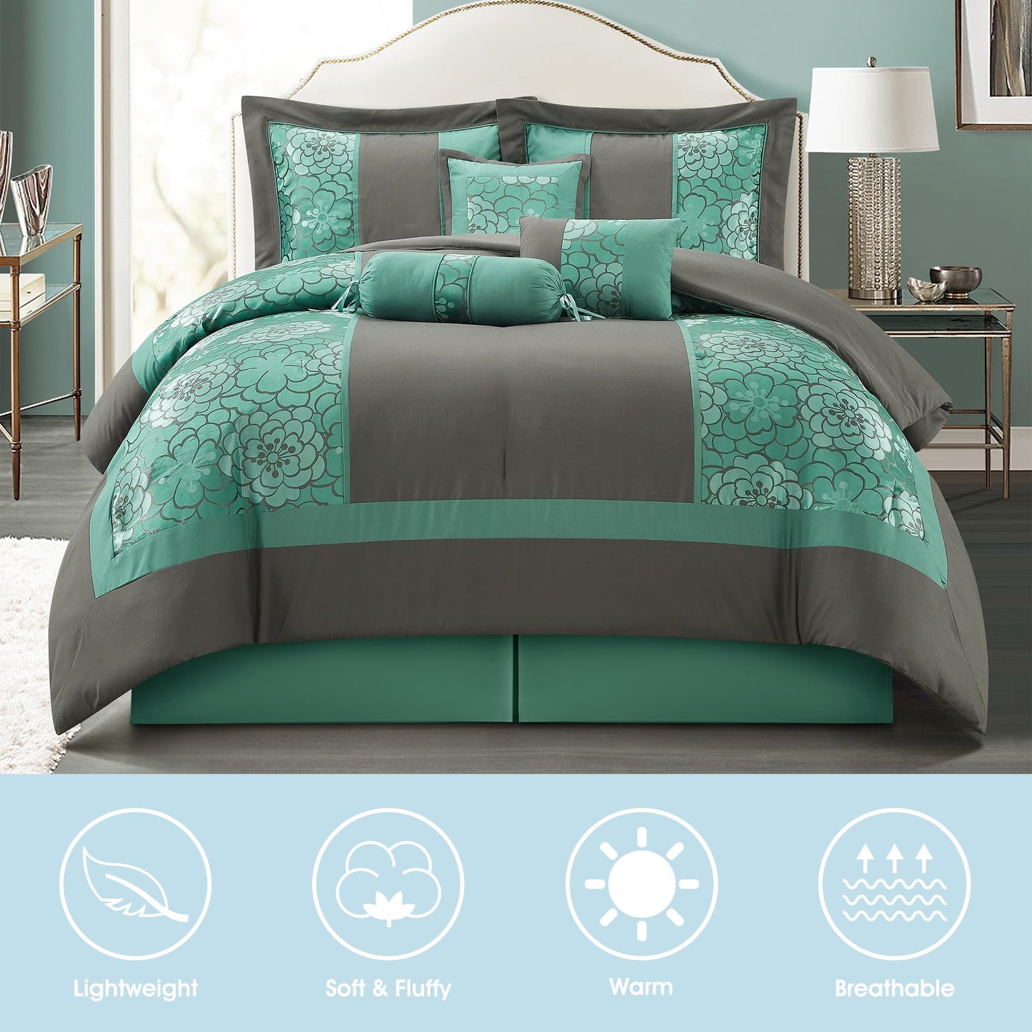LANCO MODERN LIFESTYLE 7 Piece Queen Comforter Set, Aqua Grey, Elegant Floral Jacquard, Stylish and Cozy Bedding Collection, Premium Bedding Set with Bedskirt, Shams and Pillows