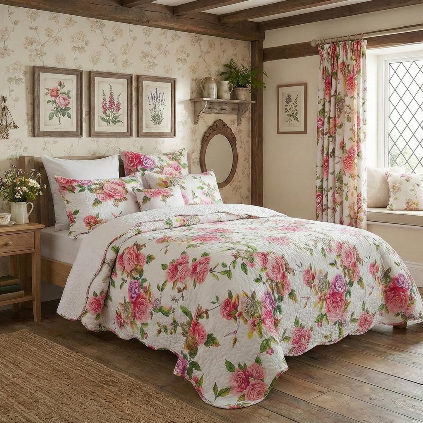 DaDa Bedding Romantic Roses Floral Bedspread Set - Lovely Spring Pink & White Scalloped Colorful Lightweight Breathable - Bright Vibrant Quilted Coverlet w/Pillow Shams - Cal King - 3-Pieces