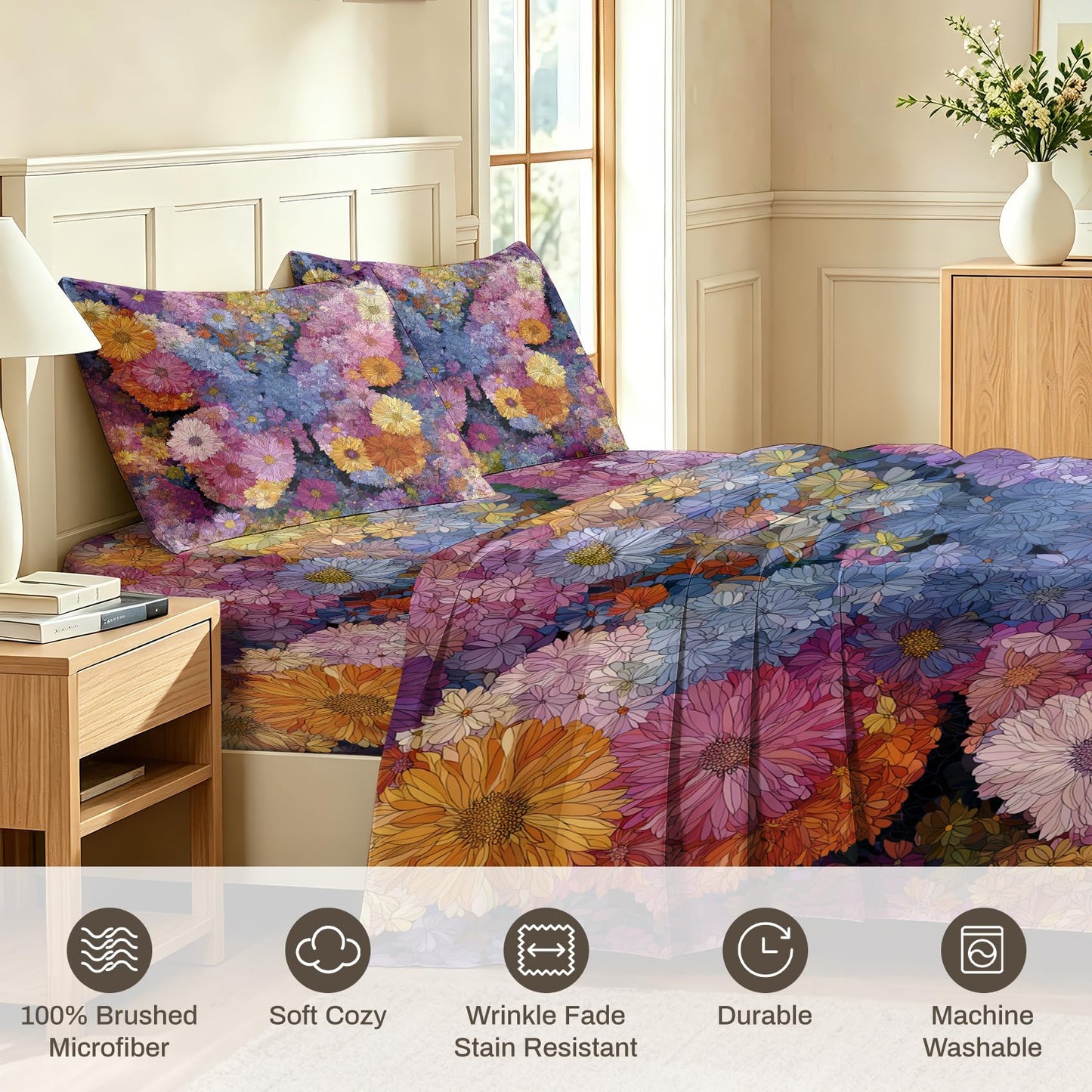 Daisy Flower Full Bedding Set Girls Colorful Floral Sheet Sets