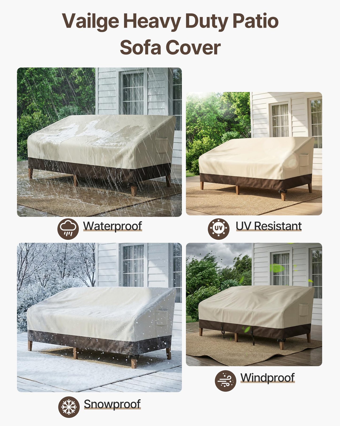 Vailge Heavy Duty Patio Sofa Cover, 100% Waterproof 3-Seater Outdoor Sofa Cover,Lawn Patio Furniture Covers with Air Vent and Handle,79" Wx 37" Dx 35" H,Beige&Brown
