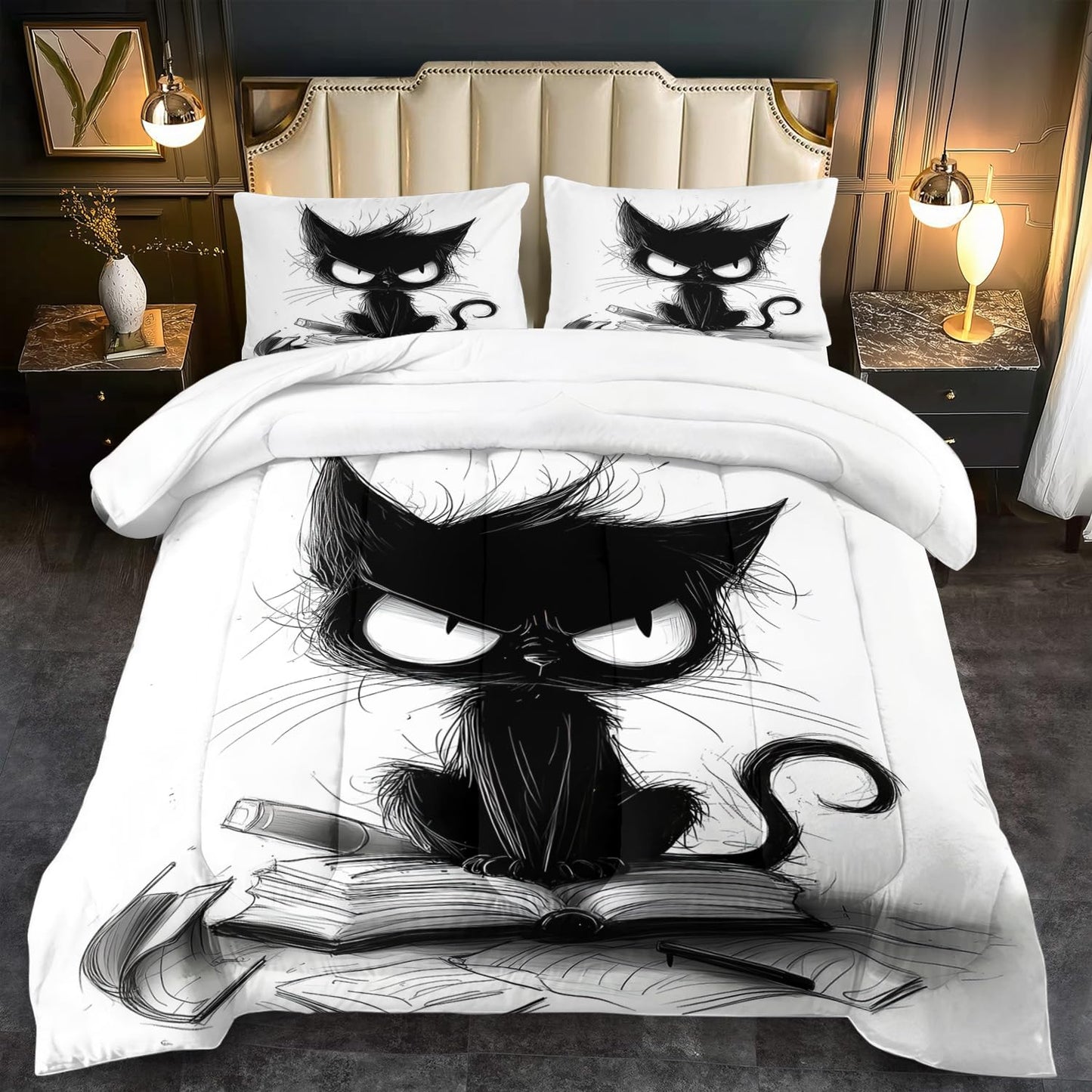 llyxsesty Cute Black Cat Comforter Set King Size Cute Pet Bedding Set Boys Girls White and Black Comforter Cartoon Cat Quilt Animal Bedroom Decor Kawaii Animal Print Bedding Boys Kids