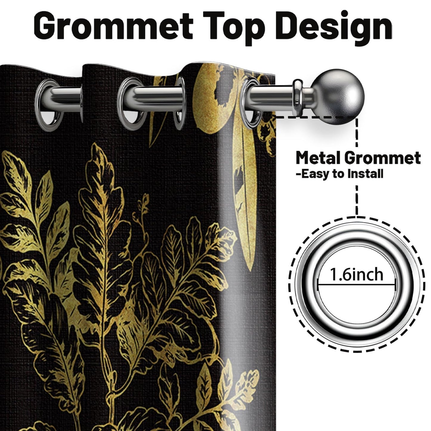 soeeao Black and Gold Vintage Botanical Blackout Curtains Patterned Golden Yellow Floral Window Drapes for Bedroom Living Room, 84 inch Length 2 Panels Set, 52x84 inch