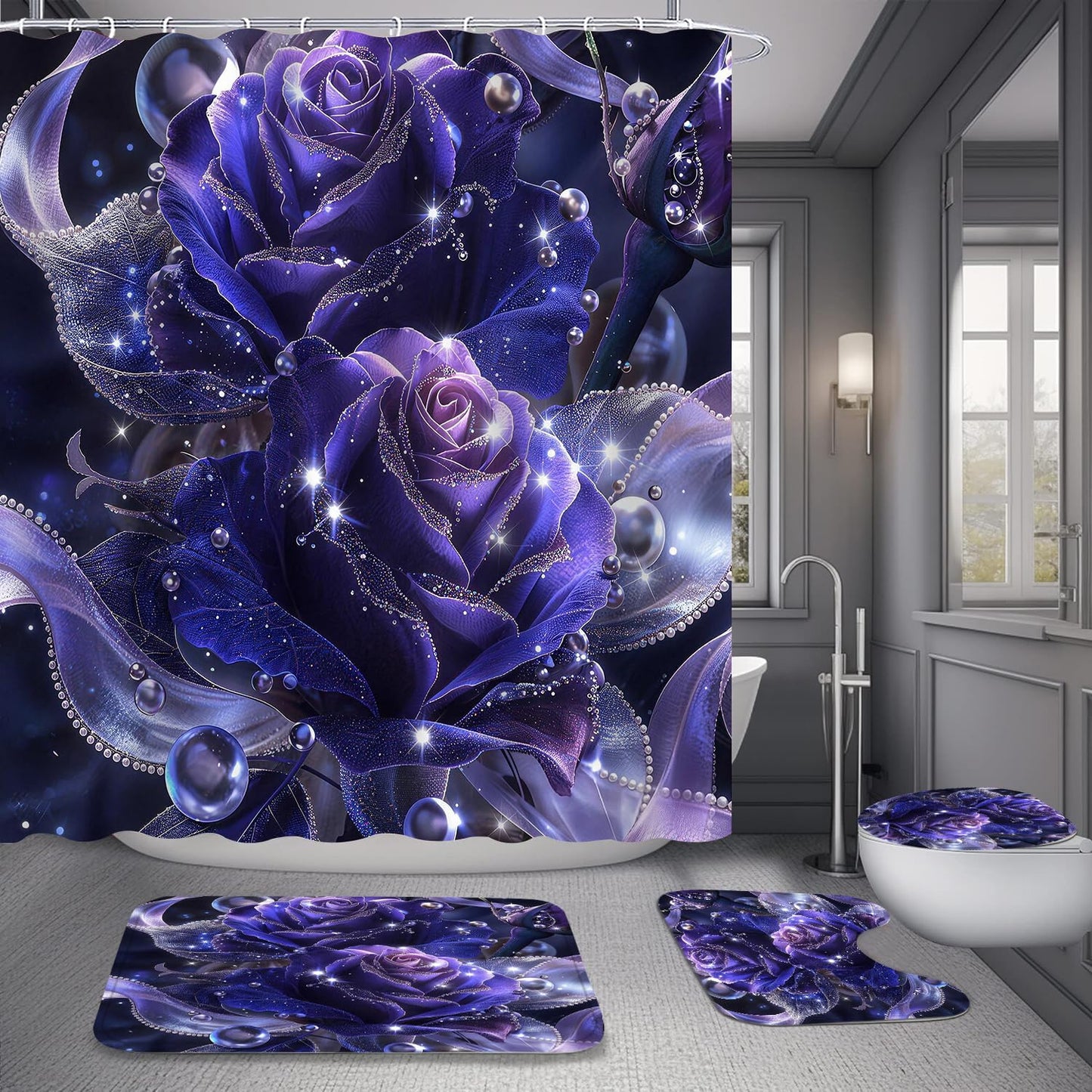 Yddsky 4 PCS Purple Rose Shower Curtain Sets,Black Bathroom Set with Modern Bathroom Curtains Shower Set with Toilet Lid Cover for Women Bathroom Decor Accessories