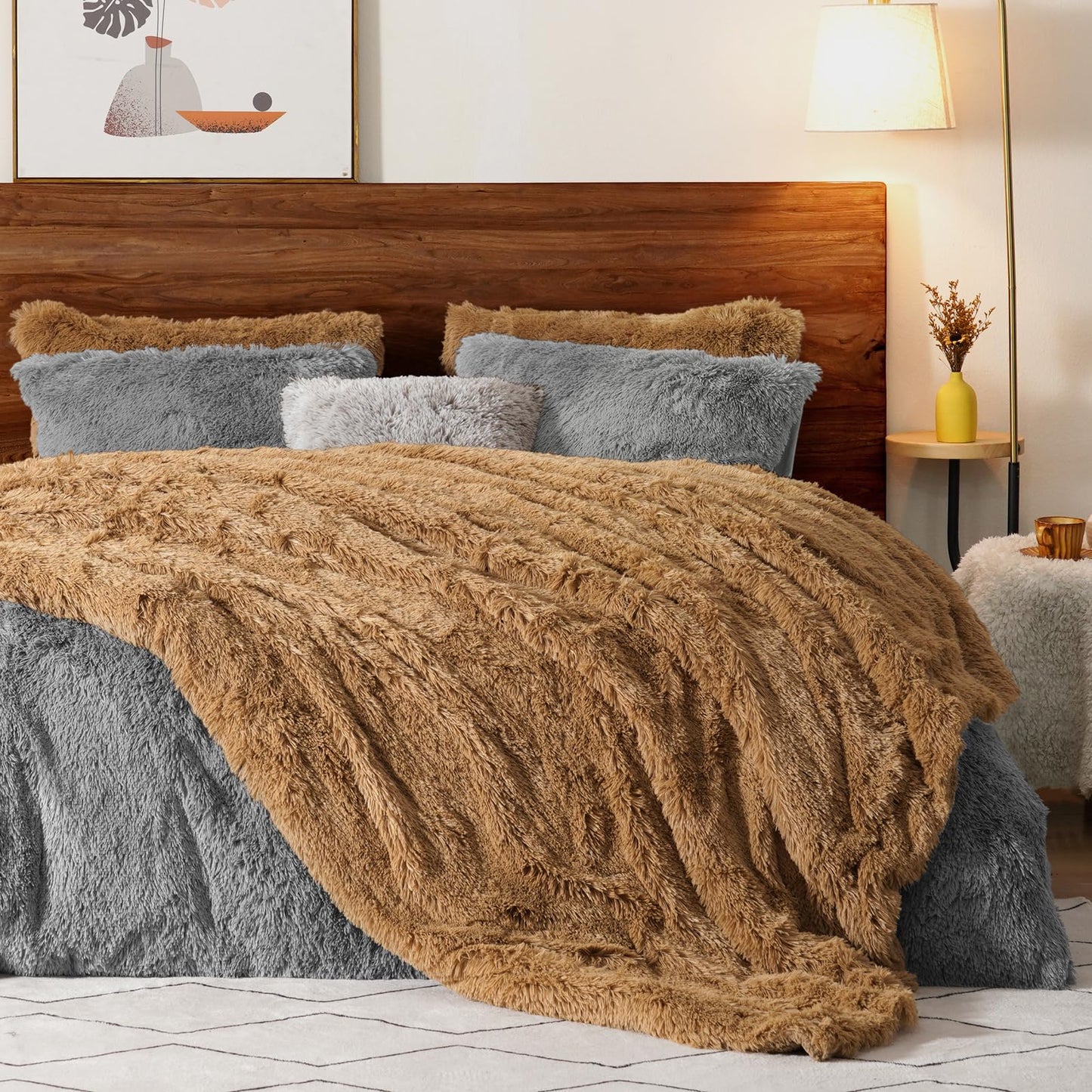PHF Luxury Fuzzy Faux Fur Twin Blanket, Soft Shaggy Plush Comfy Blanket, Warm Thick Fluffy for Couch, Bed, Chair, Sofa, Furry Elegant Throw for Home Decor, Taupe, 60" x 80"