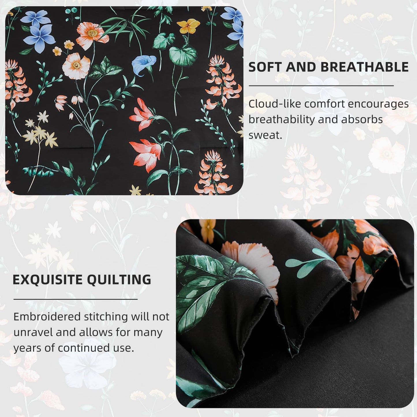 DJY Black Floral Comforter Set King Size,Black Pink Botanical Bedding Comforter Sets,7 Pieces Bed in a Bag Lightweight Microfiber Comforter Set with Sheets Pillowcases & Shams for All Seasons