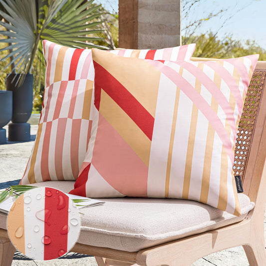 Phantoscope Pack of 2 Outdoor Pillows Waterproof Geometric Stripes Outdoor Pillow Covers, Decorative Square Patio Pillows Cushion Case for Couch Tent, Peach Coral and Pink 18 x 18 Inches