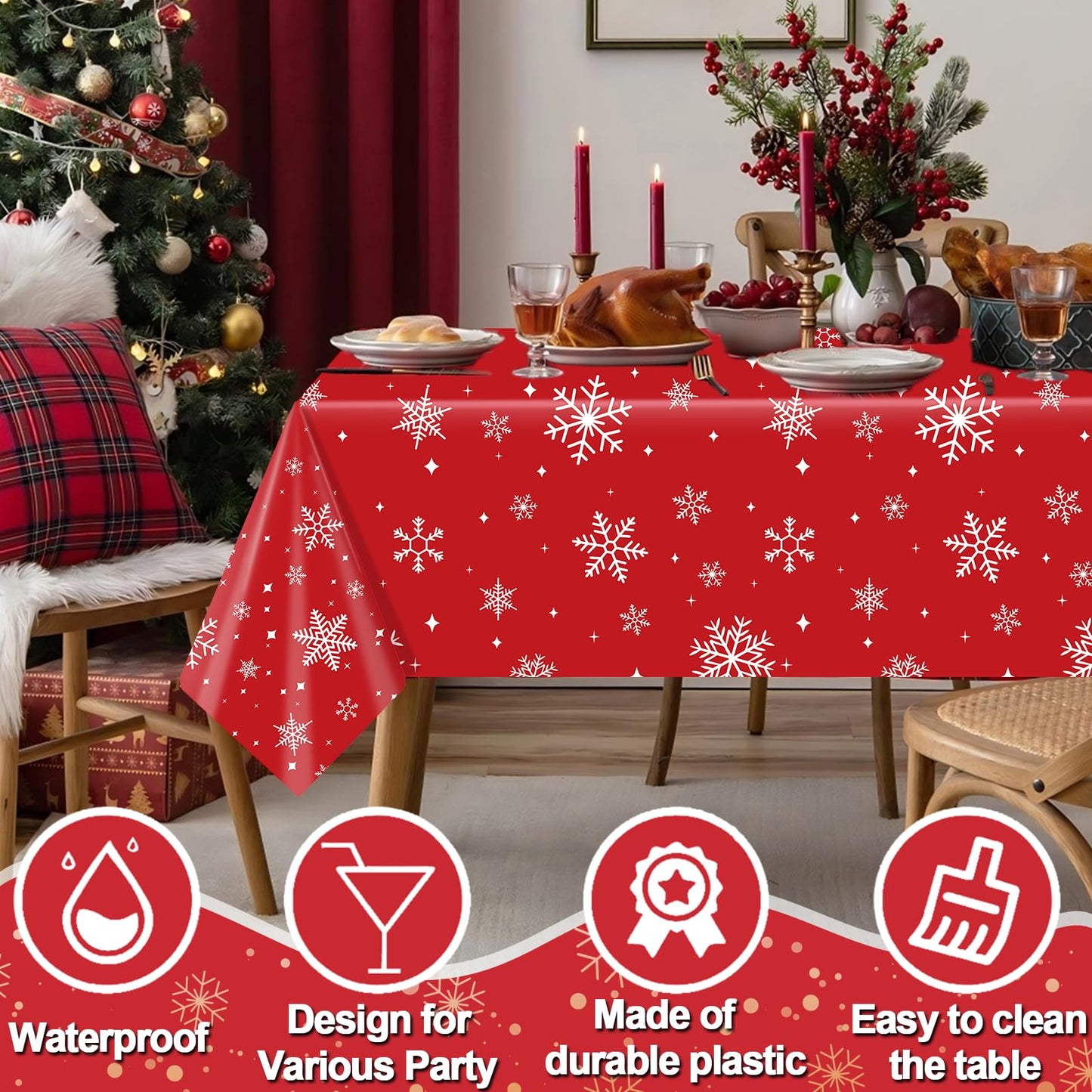 3Pack Christmas Plastic Party Tablecloth for Rectangle Tables, Christmas Disposable Table Cloth Decoration, Red Snowflake Xmas Tablecloths for Winter New Year Holiday Supplies,54x108in