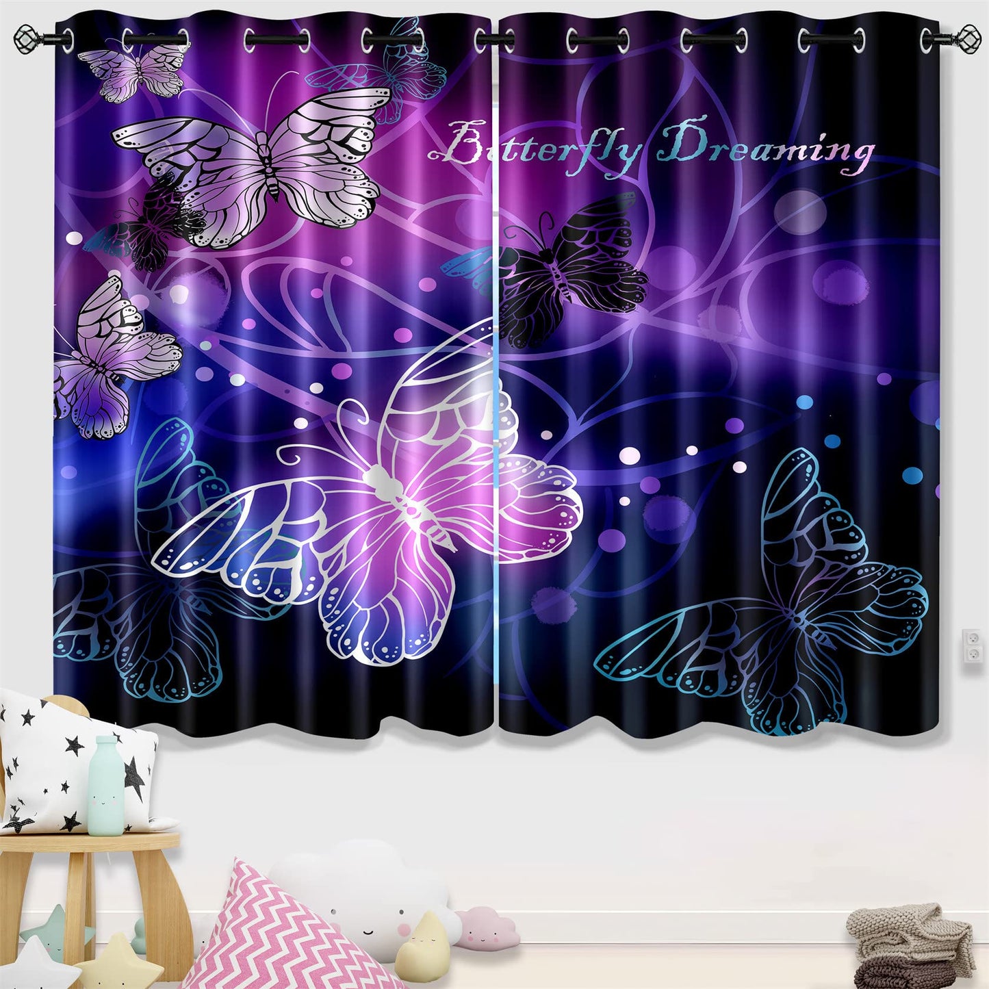 Butterfly Blackout Curtain for Girls Bedroom 2Pcs, Purple Window Curtain Panels Drapes Set Curtains 63 inch Length for Kids Bedroom Nursery Room Grommet Top Thermal Insulated Curtains, 82" x 63"