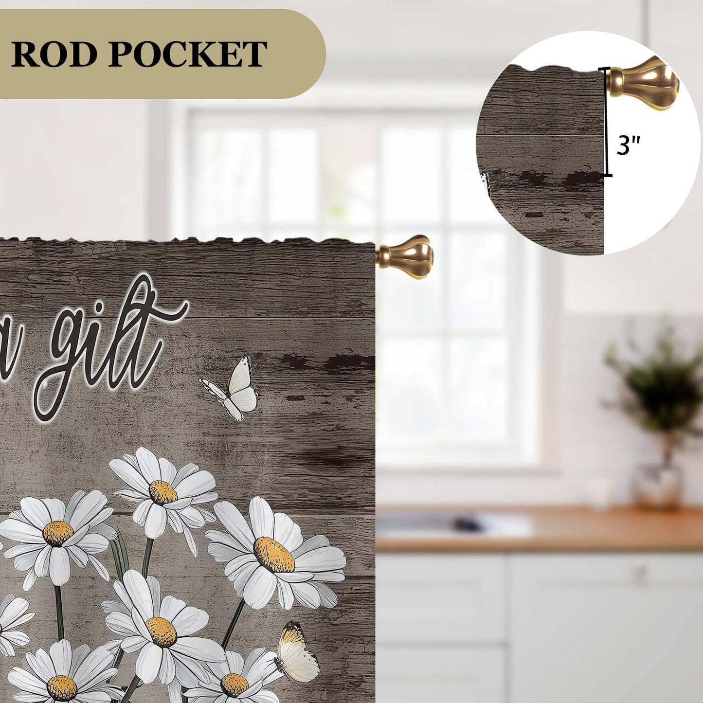 Cizuug Farmhouse Vintage Daisy Floral Kitchen Curtains Rustic Flower Inspirational Small Short Cafe Window Curtains Wooden Country Quotes Bathroom Living Room Bedroom Drapes Treatment(27.5x39 Inch)