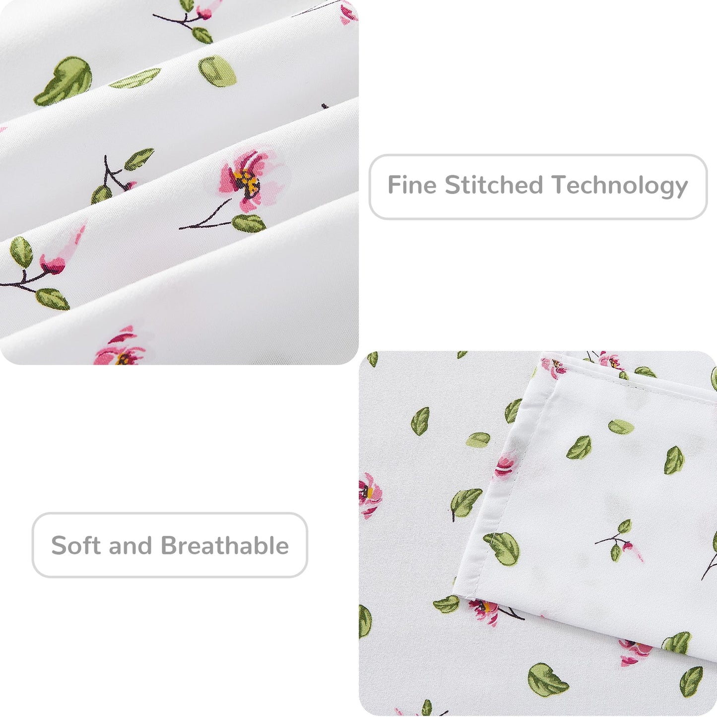 Mooreeke Queen Sheets Set - 4 Pieces Soft Breathable Microfiber Bed Sheet Set - Pink Flower Green Leaf Pattern Sheet Set - Deep Pocket Non-Slip Floral Printed Fitted Sheet Included for All Season