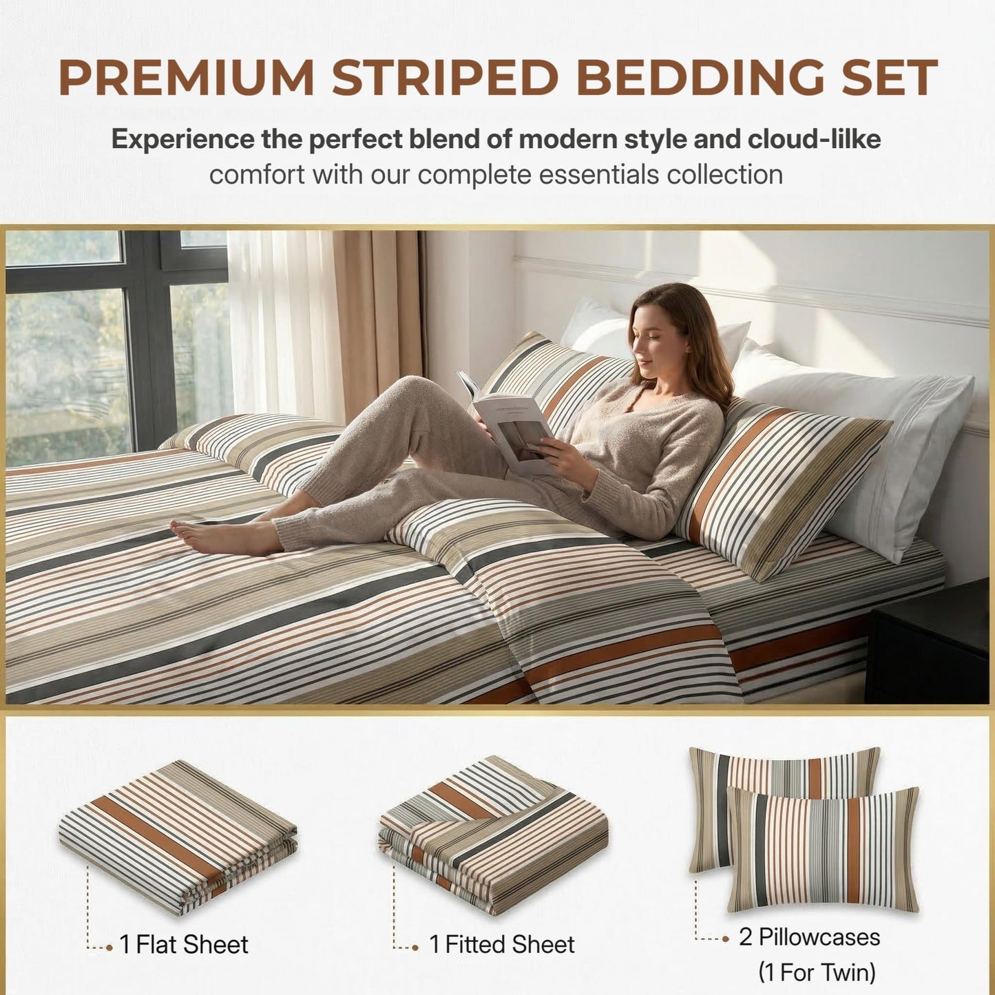 HCORA Striped King Sheet Set, Ultra Soft Double Brushed Microfiber Bed Sheets, Deep Pocket, Breathable, Wrinkle Resistant, Easy Care, 4PC, King
