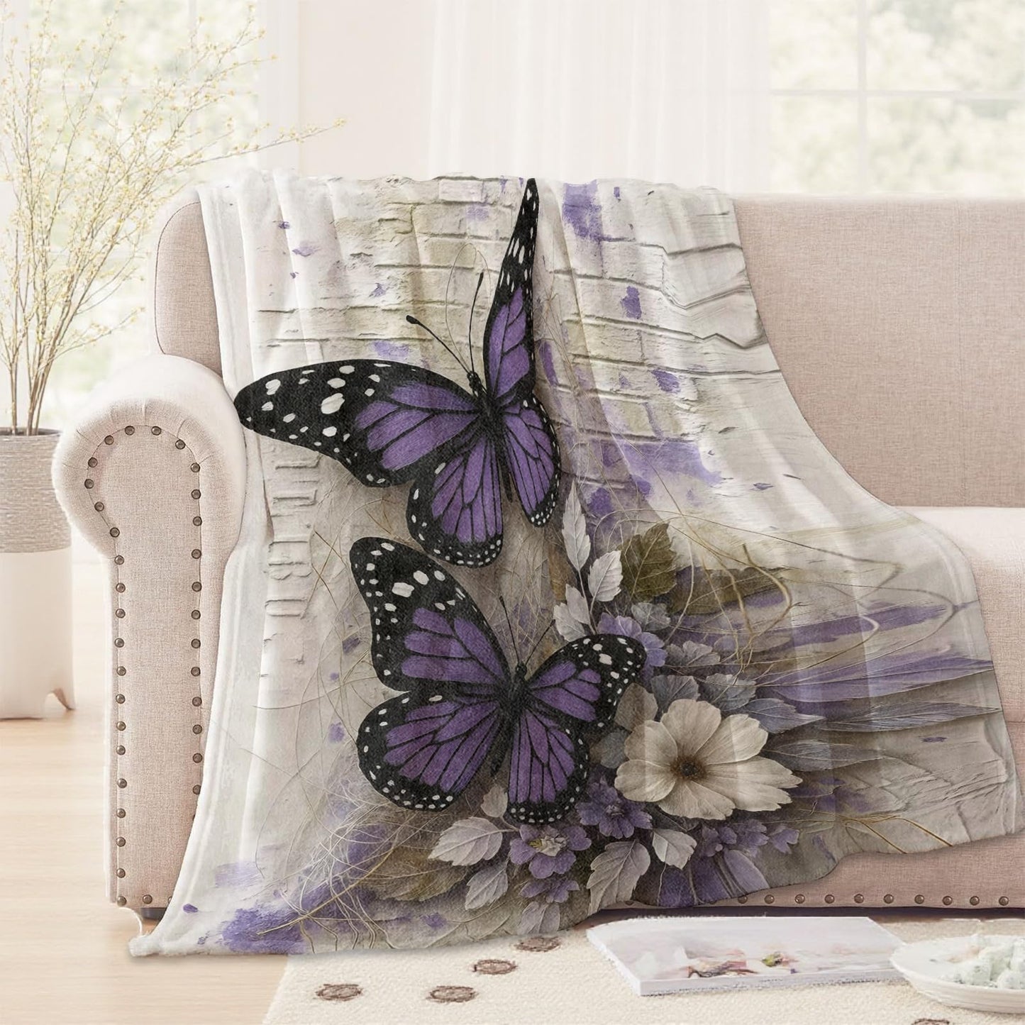 WKEDIN Purple Butterfly Blanket,50x60in,Cozy Flannel Throw with Elegant Monarch Butterflies White and Lavender Flower Design,Soft Lightweight Gifts Blankets for Women,Sofa Bed Travel Rustic Decor