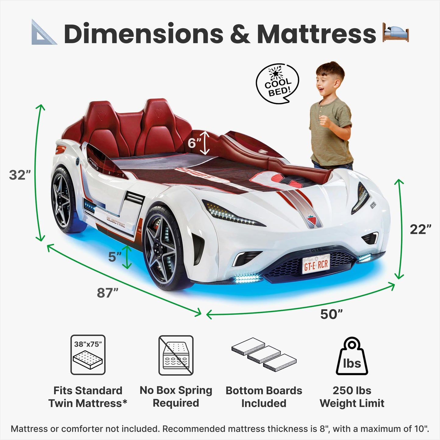 Cilek GTS EV Twin Kids Race Car Bed with Remote Control, LED Lights & Sounds, Vegan Leather Headboard, Guardrails, Non-Toxic, Fits Twin Mattress, White