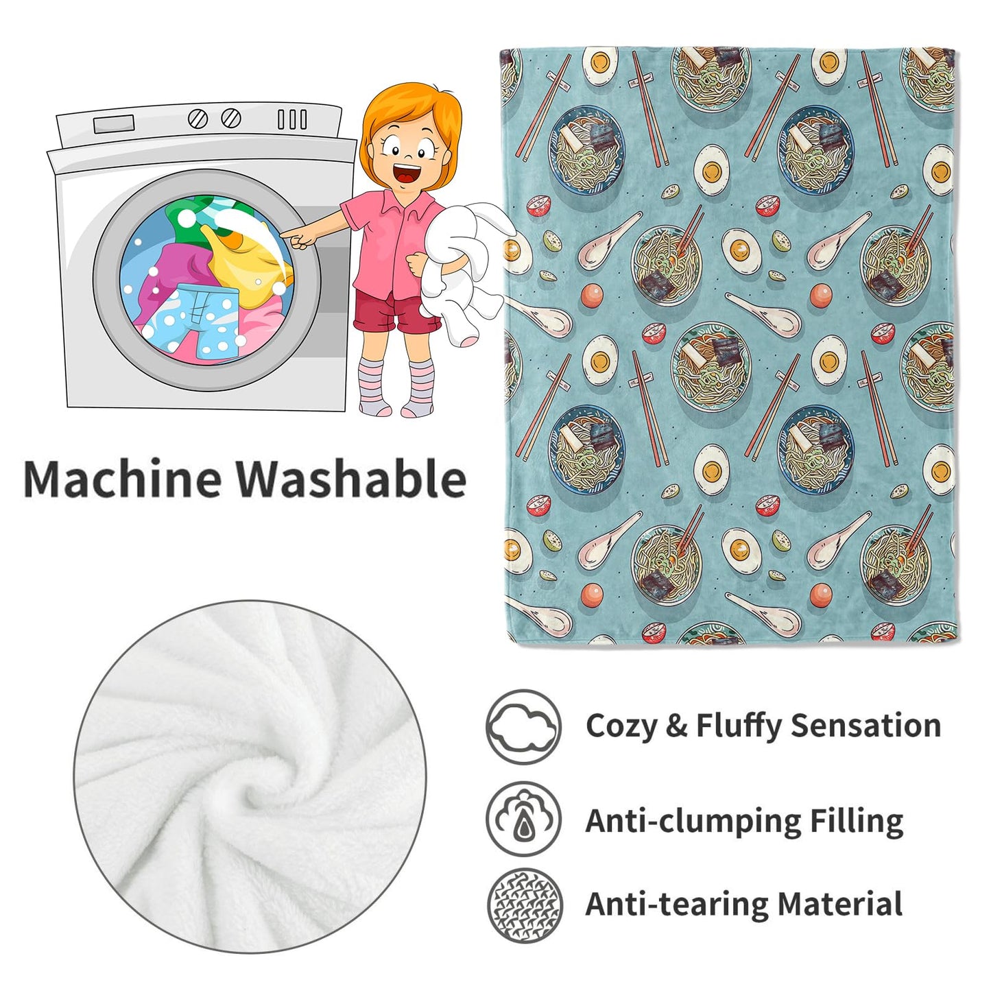 VODRM Ramen Blanket Fun Noodle Bowl & Chopstick Asian Cuisine Throw Blankets,Birthday Gifts for Women & Foodies Lovers,Lightweight Soft Fleece Cozy for Sofa Kitchen Couch Bed Room Decor 50x60in