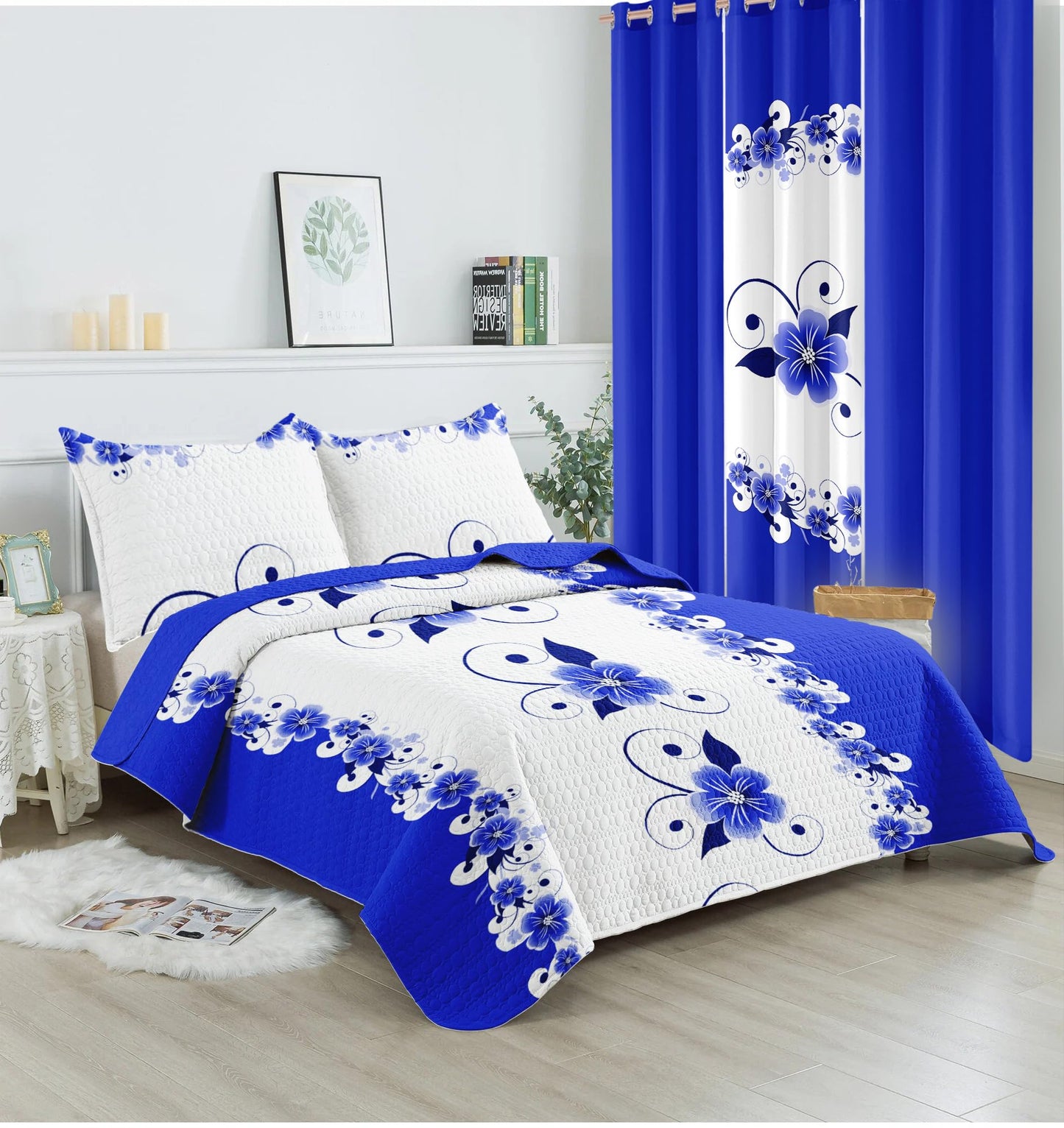 12-Piece Royal Blue Gardenia Duvet Cover Set King with Curtains, Floral Bed in a Bag King with Sheets, Matching Curtains Comforter Cover, Soft Microfiber Bedding Set Zipper Closure, Ideal Gift