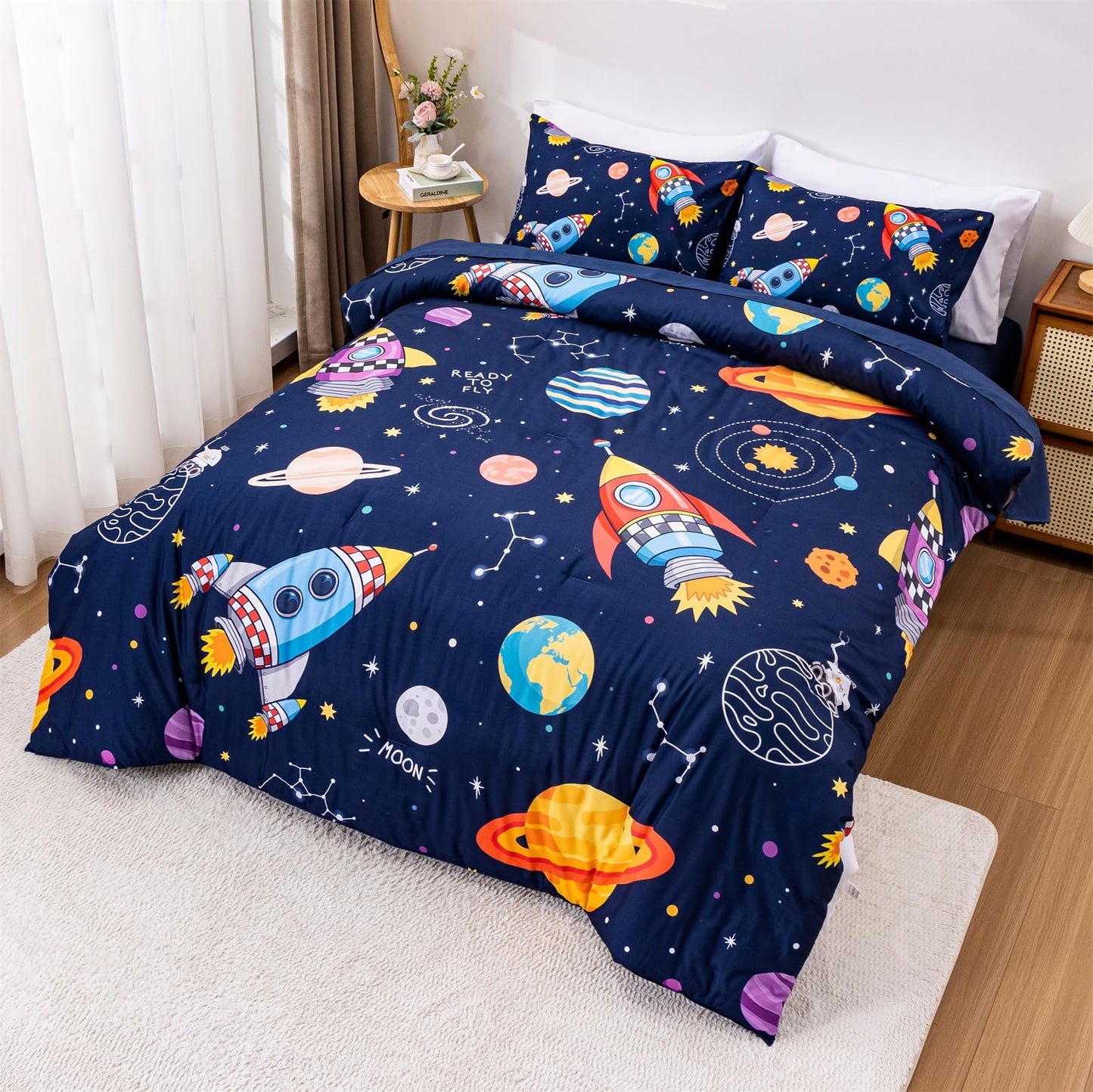 Aimuan Space Comforter Twin Set Kids Rocket Bedding Set Super Soft & Cute Aliens UFO Printed for Boys Girls Teen (Navy, Full 5Pcs)